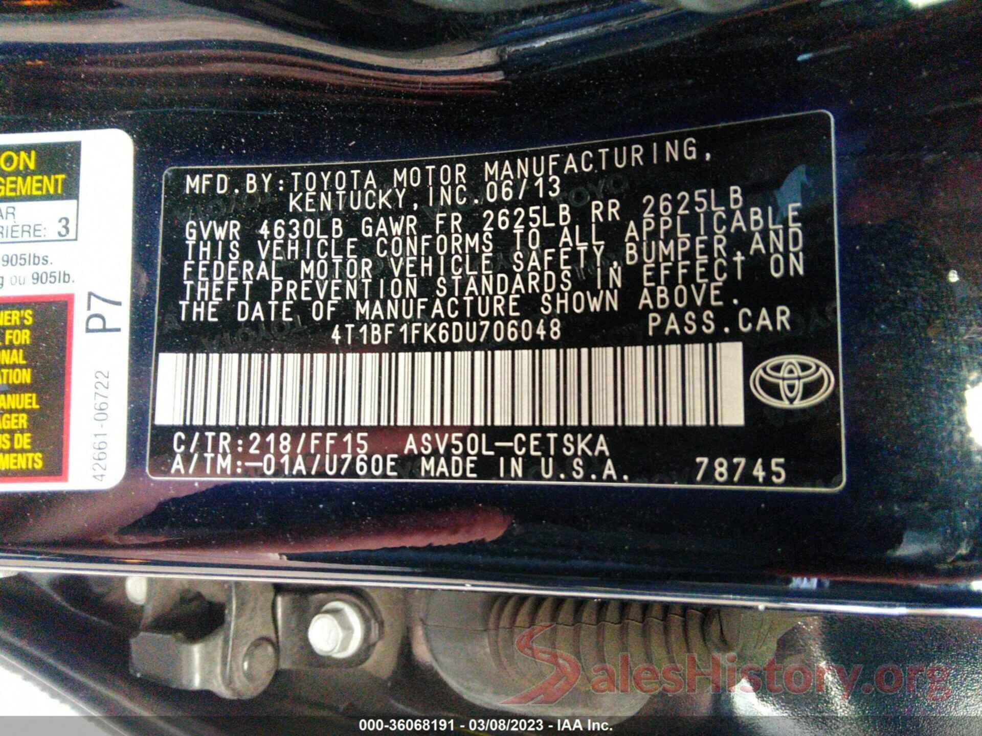 4T1BF1FK6DU706048 2013 TOYOTA CAMRY