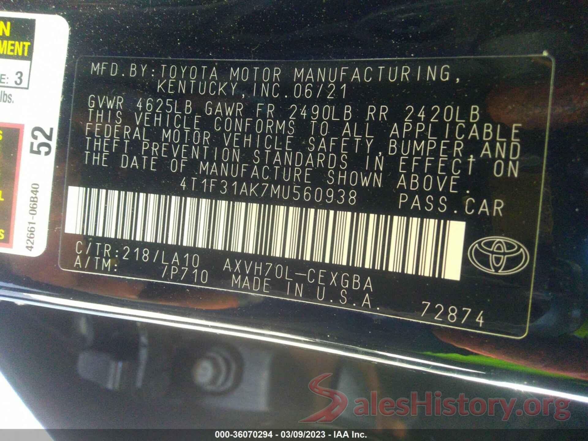 4T1F31AK7MU560938 2021 TOYOTA CAMRY