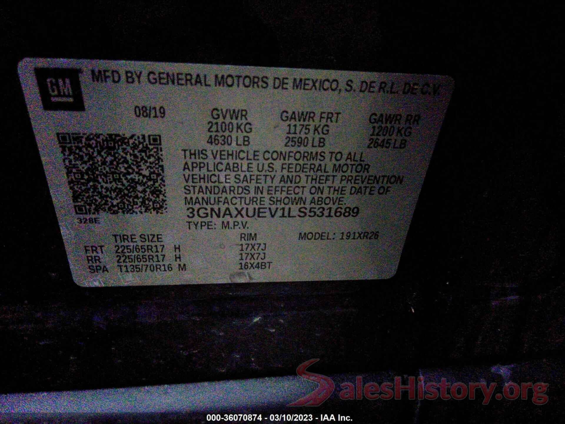 3GNAXUEV1LS531689 2020 CHEVROLET EQUINOX