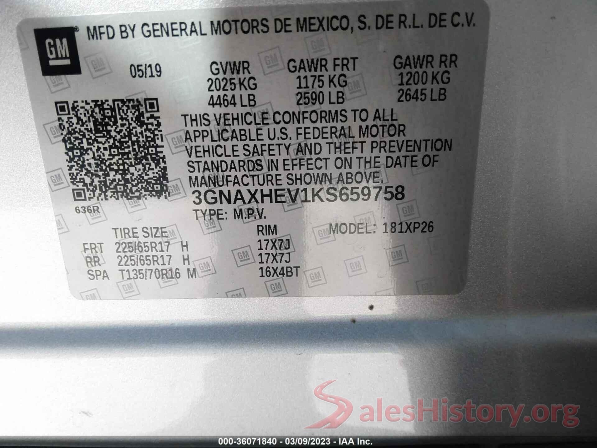 3GNAXHEV1KS659758 2019 CHEVROLET EQUINOX