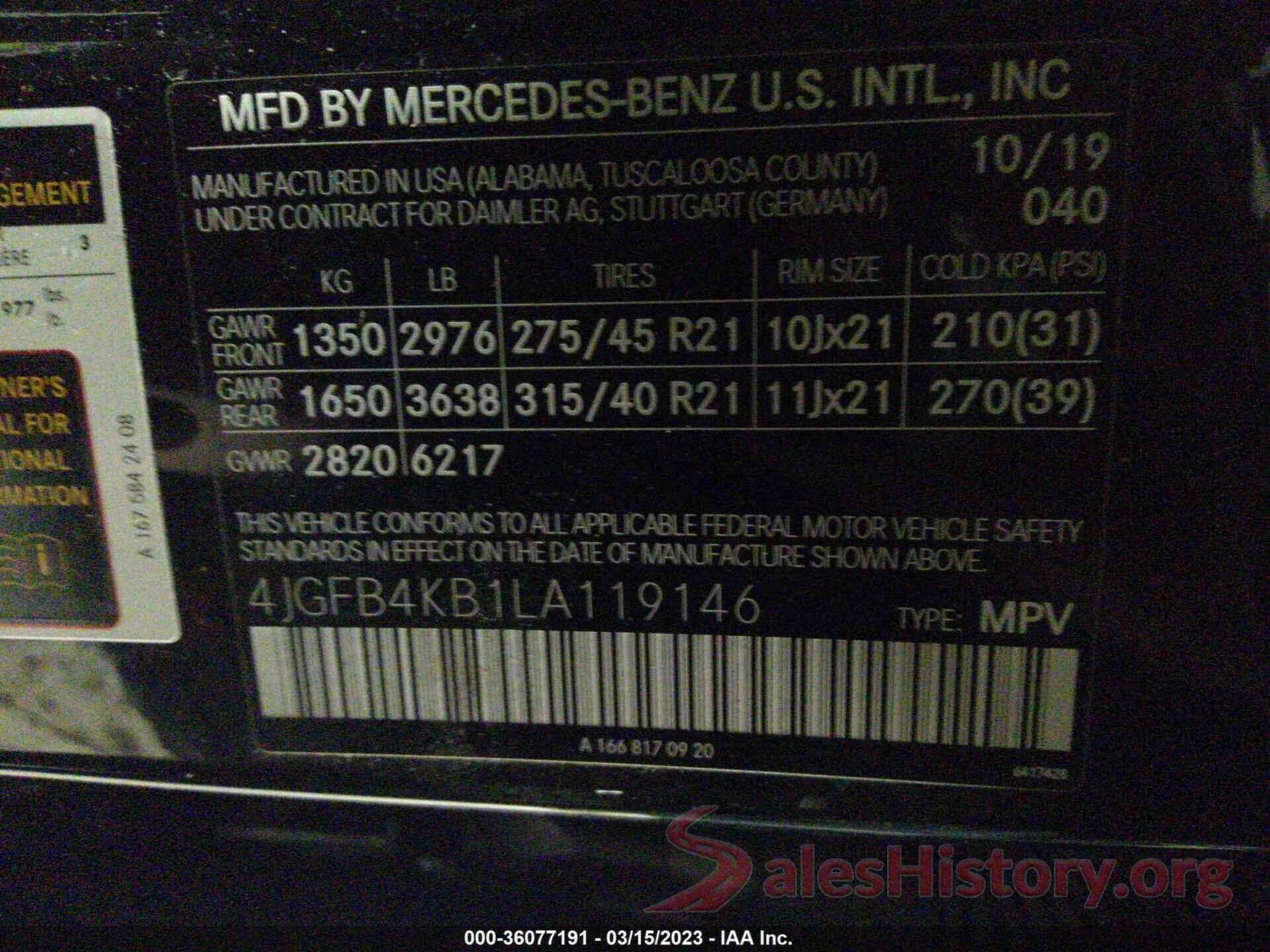 4JGFB4KB1LA119146 2020 MERCEDES-BENZ GLE