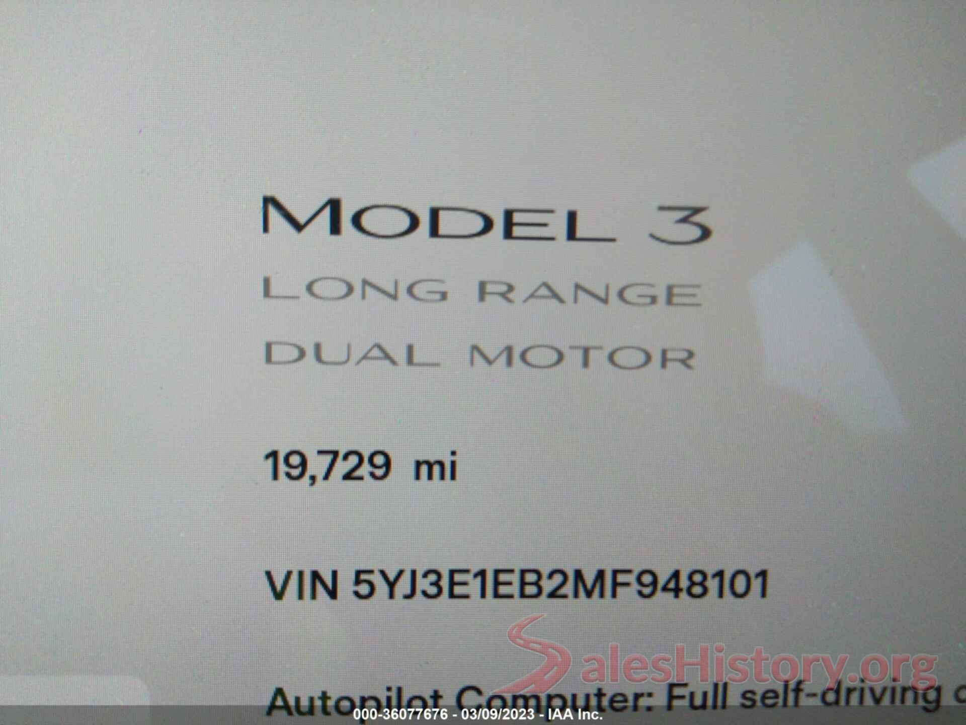 5YJ3E1EB2MF948101 2021 TESLA MODEL 3