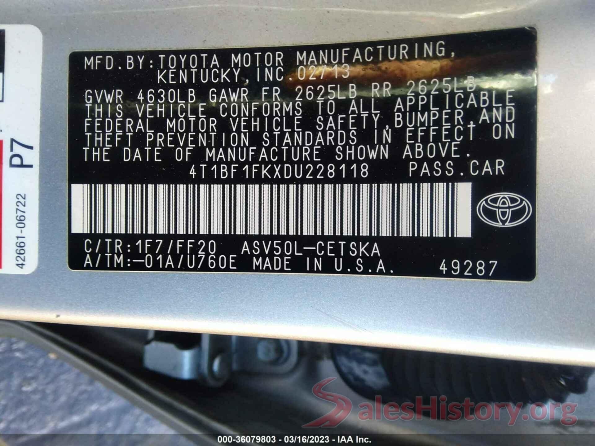 4T1BF1FKXDU228118 2013 TOYOTA CAMRY