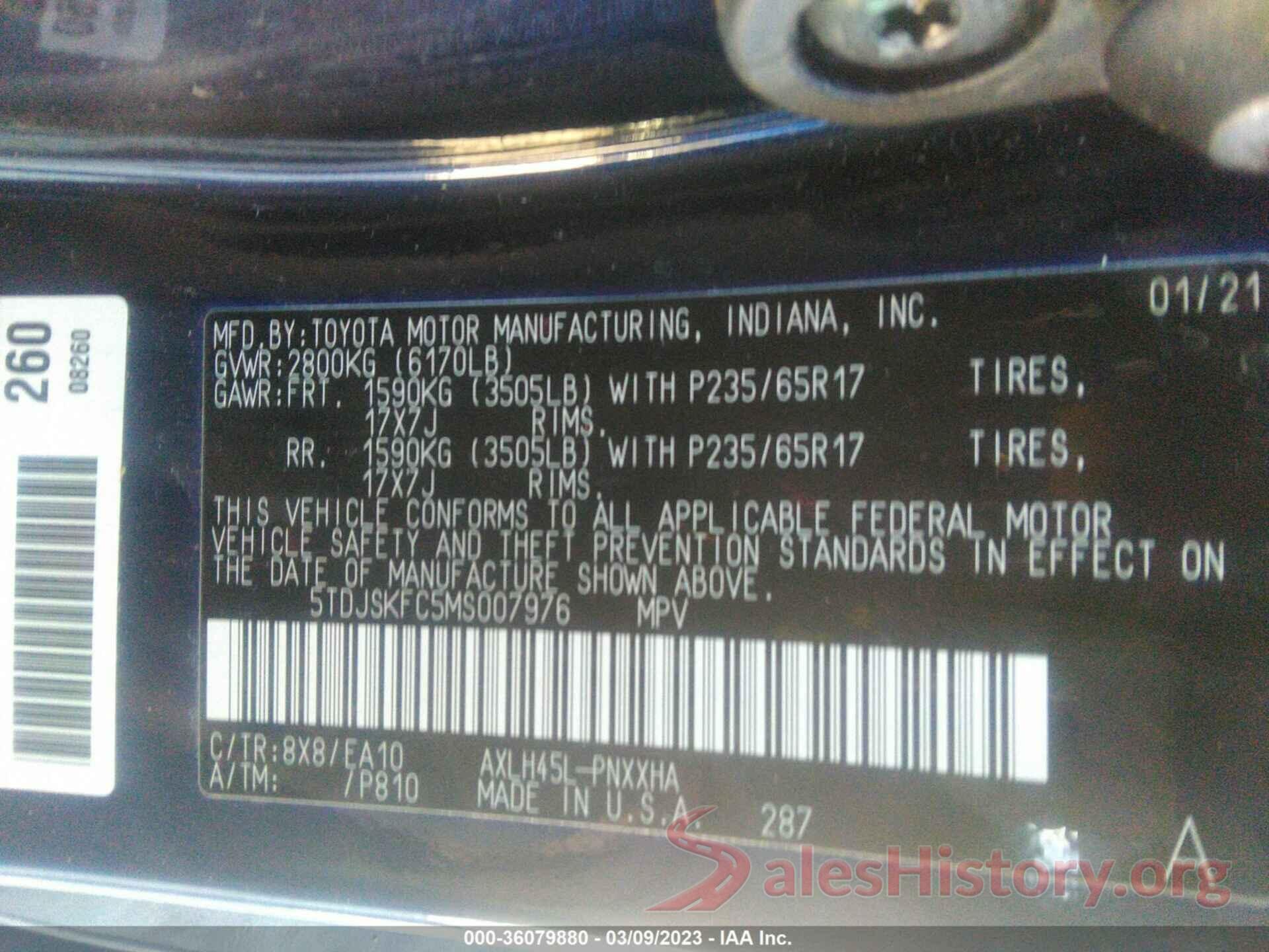 5TDJSKFC5MS007976 2021 TOYOTA SIENNA