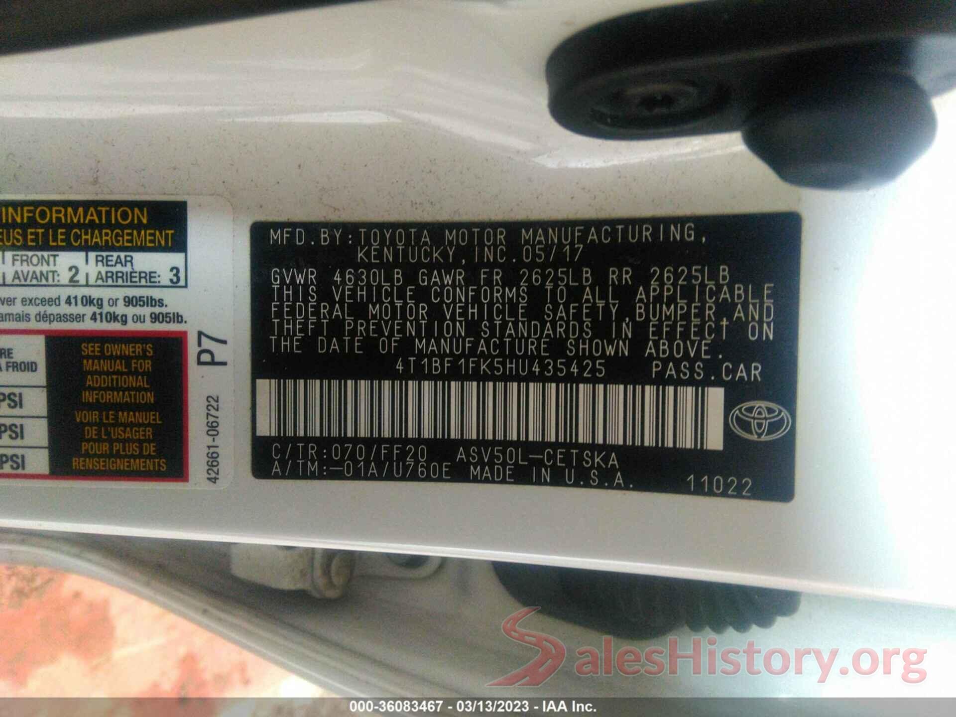 4T1BF1FK5HU435425 2017 TOYOTA CAMRY