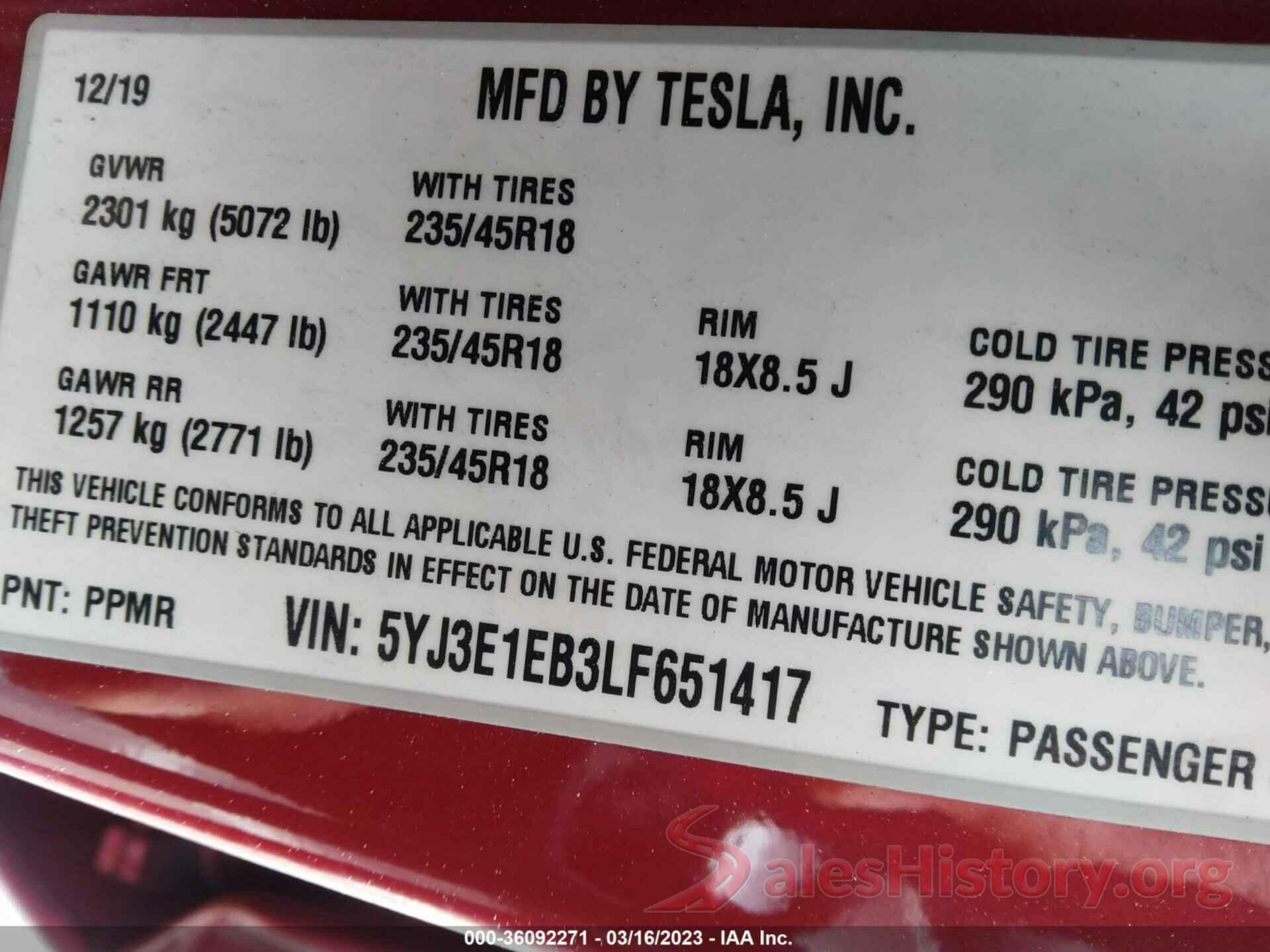 5YJ3E1EB3LF651417 2020 TESLA MODEL 3