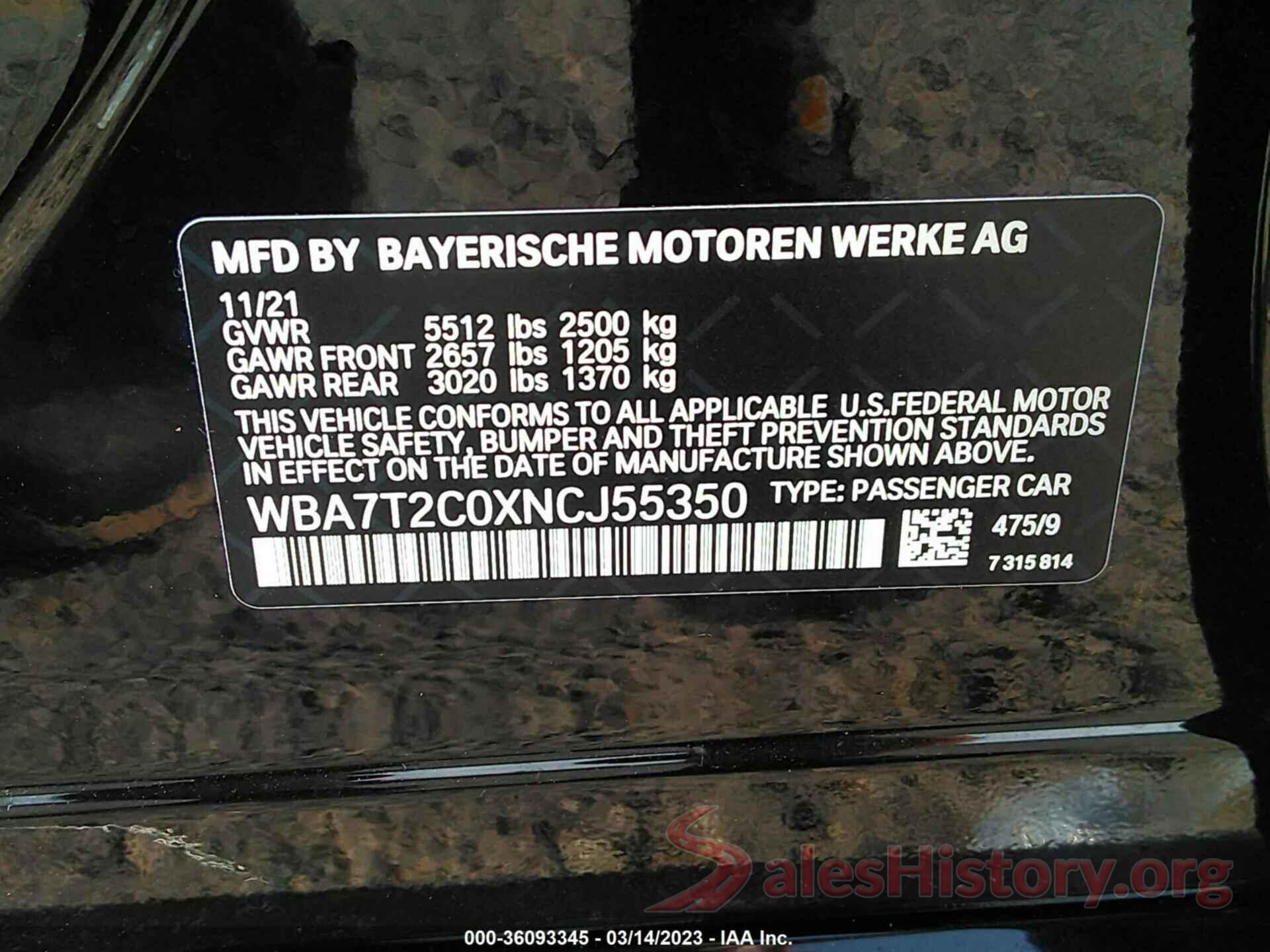 WBA7T2C0XNCJ55350 2022 BMW 7 SERIES