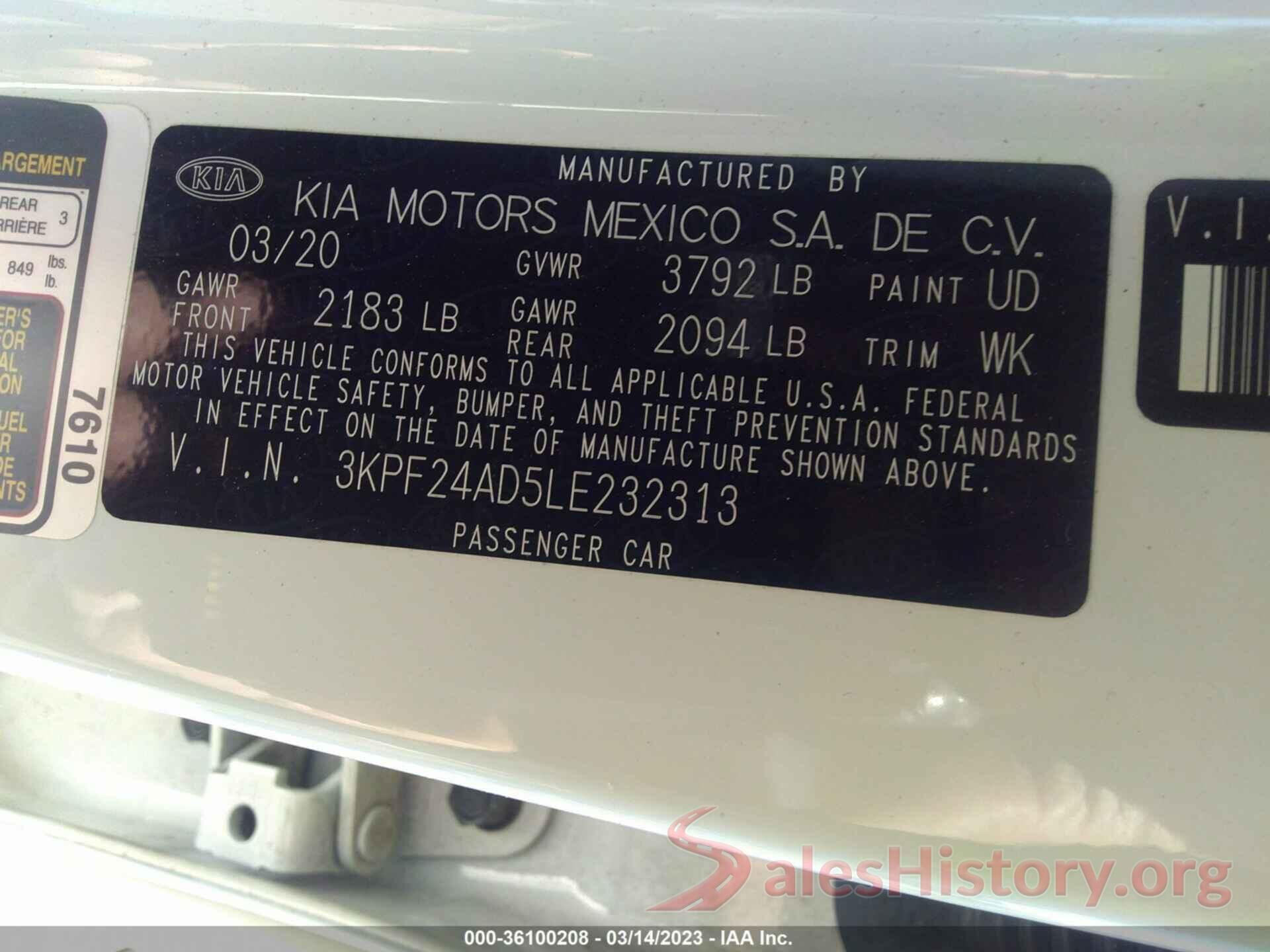 3KPF24AD5LE232313 2020 KIA FORTE