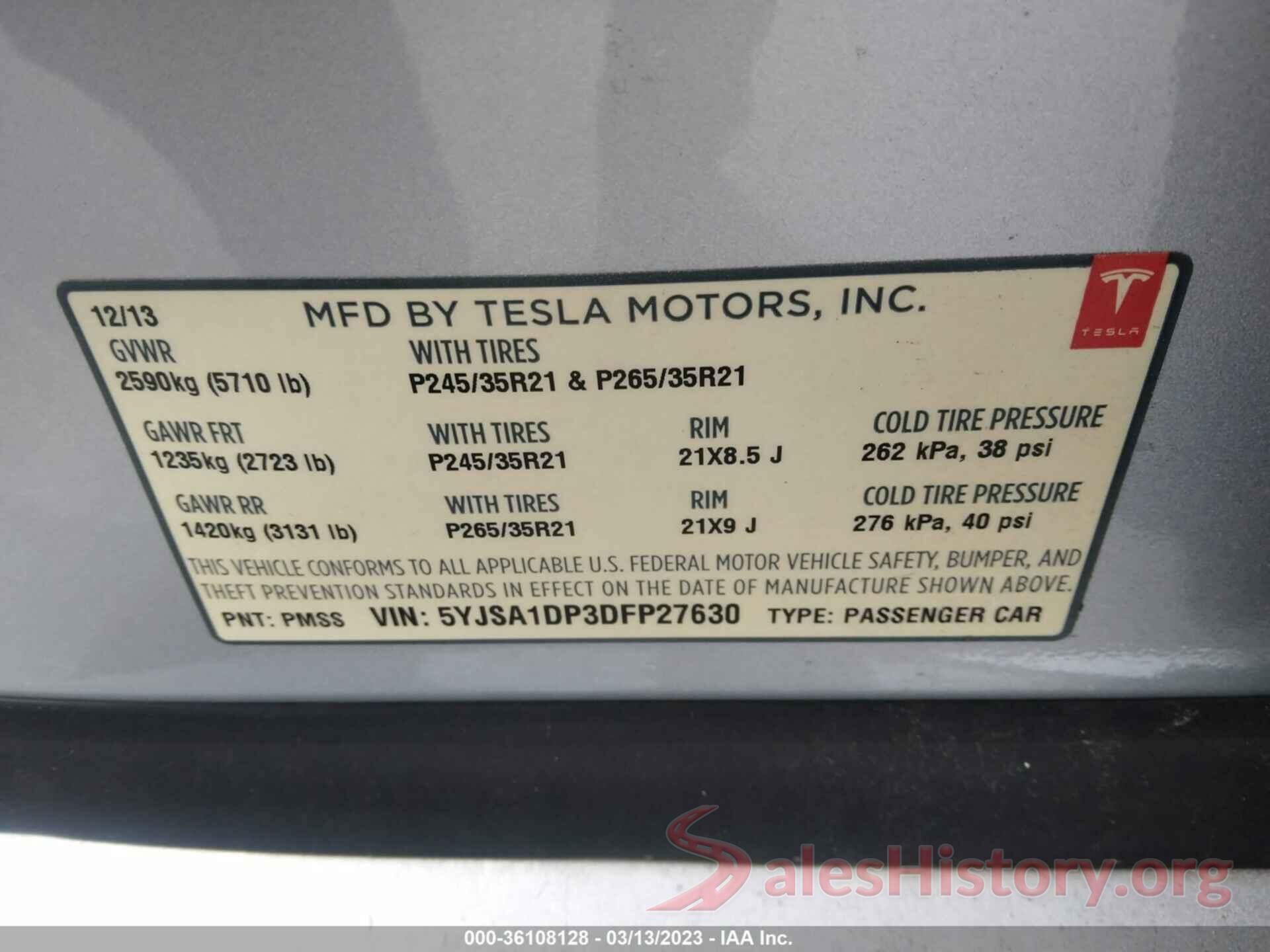 5YJSA1DP3DFP27630 2013 TESLA MODEL S