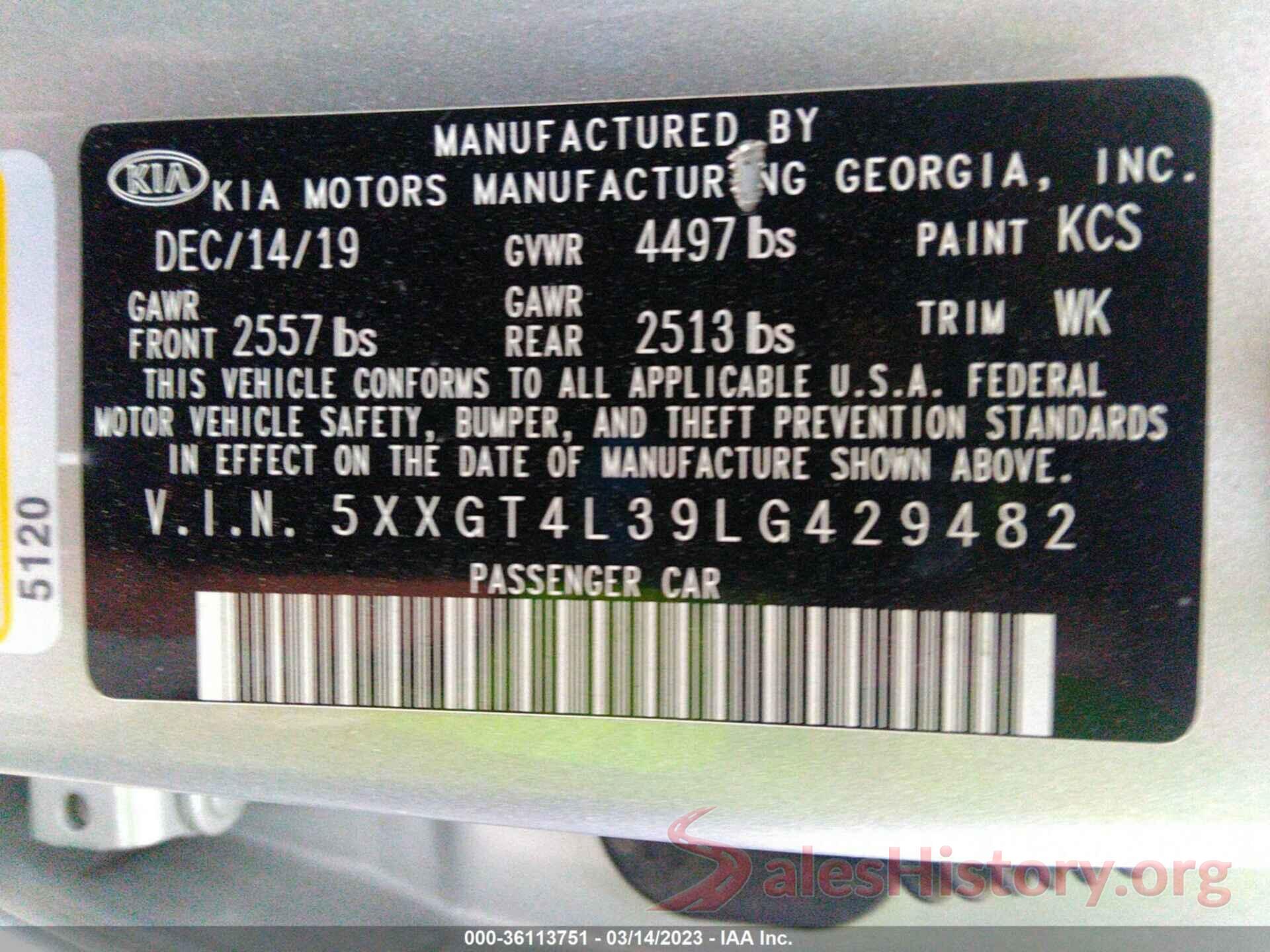 5XXGT4L39LG429482 2020 KIA OPTIMA