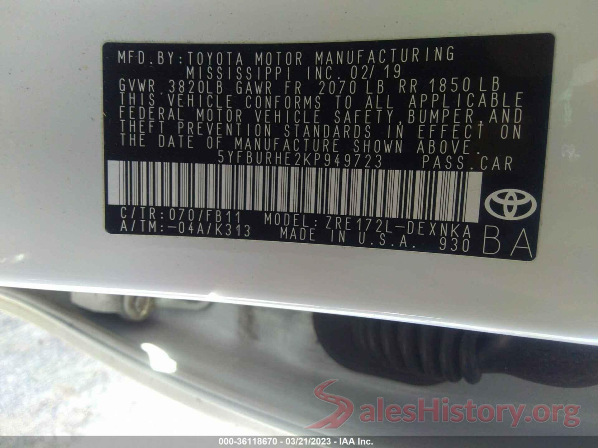 5YFBURHE2KP949723 2019 TOYOTA COROLLA