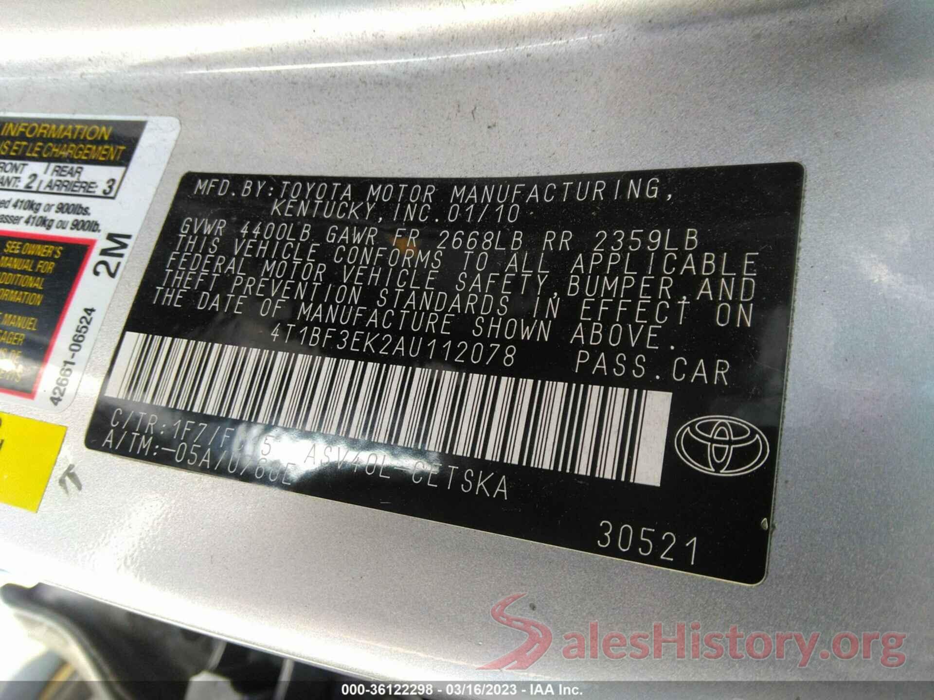 4T1BF3EK2AU112078 2010 TOYOTA CAMRY