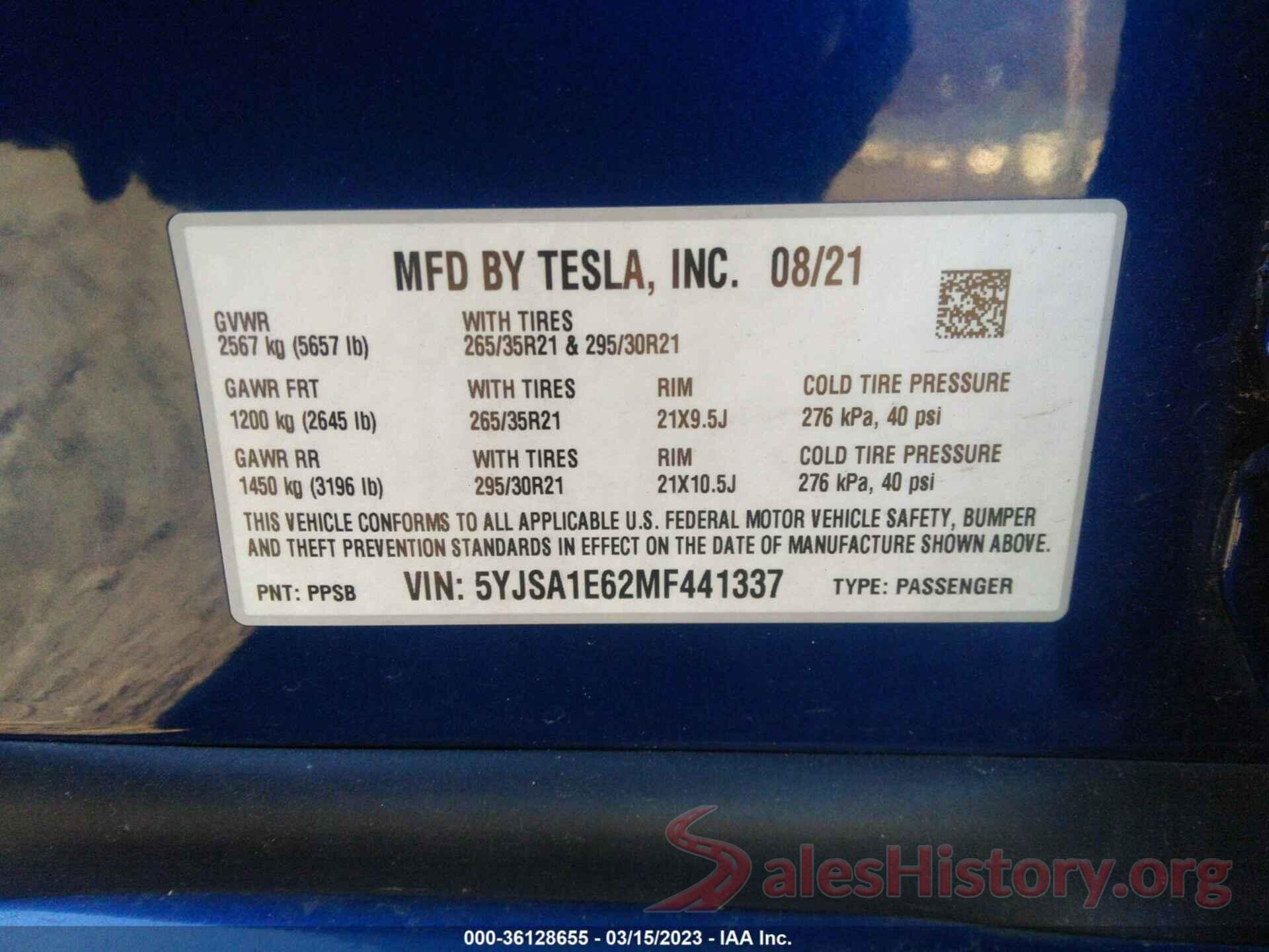 5YJSA1E62MF441337 2021 TESLA MODEL S