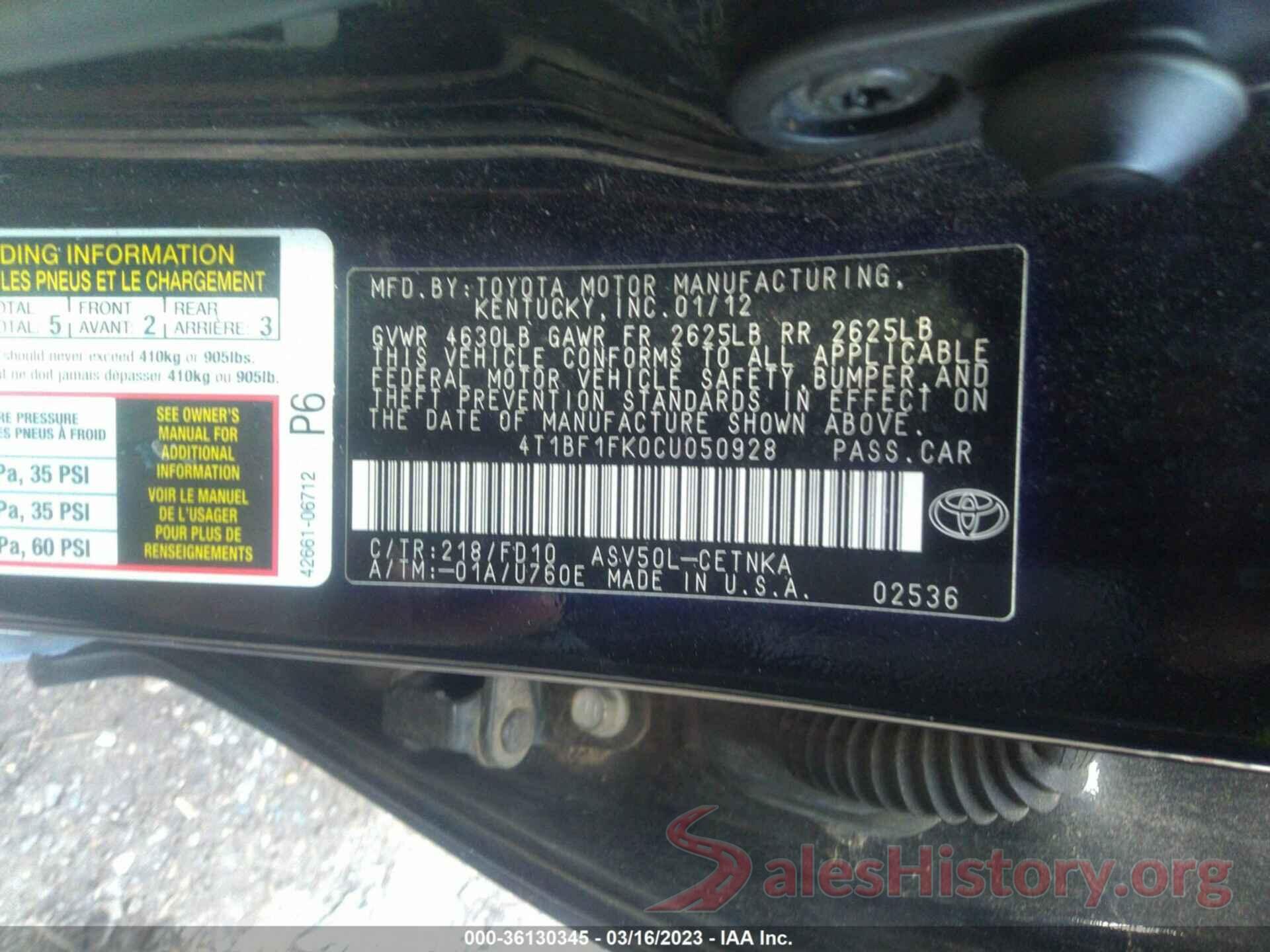 4T1BF1FK0CU050928 2012 TOYOTA CAMRY