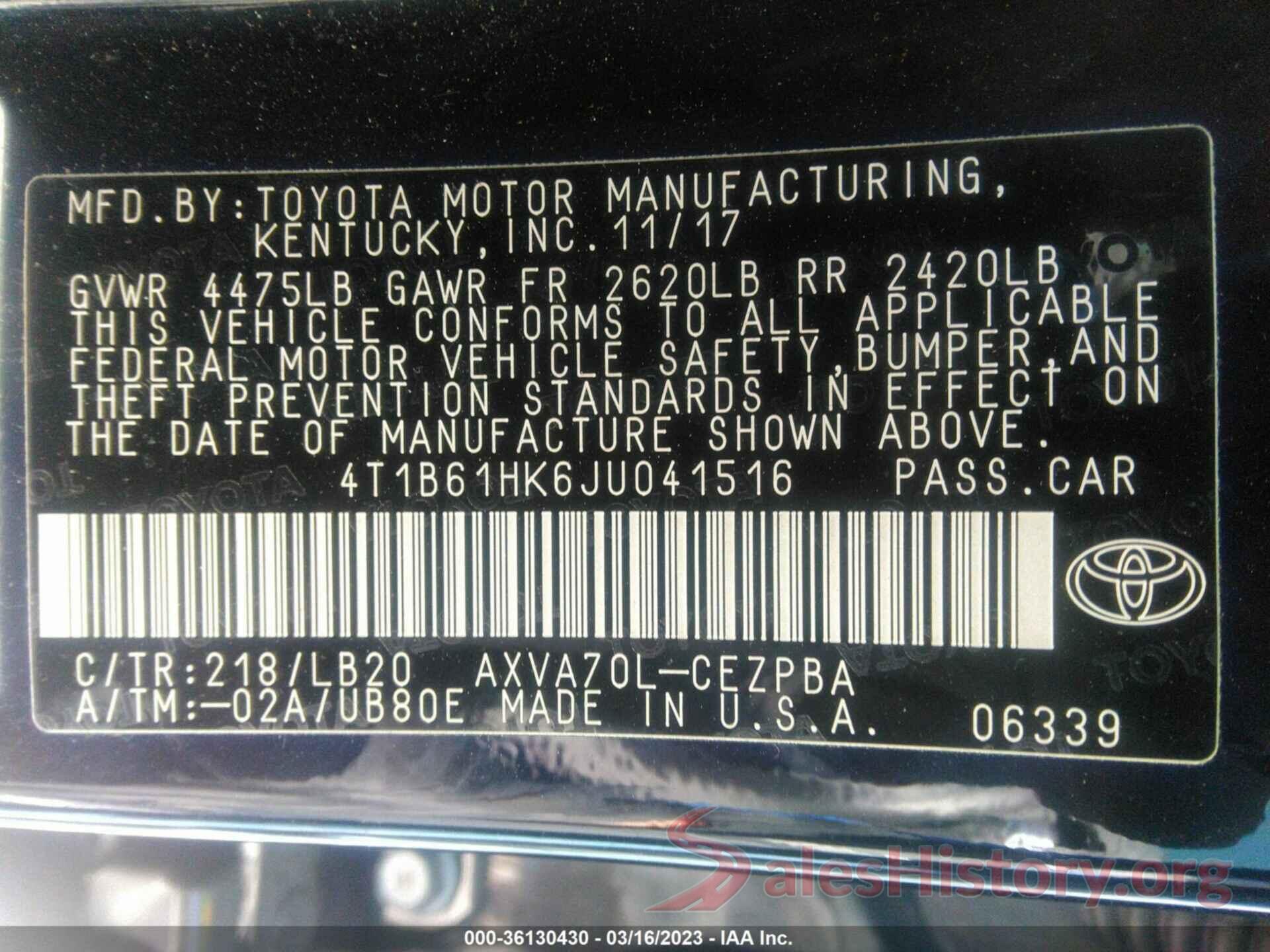 4T1B61HK6JU041516 2018 TOYOTA CAMRY