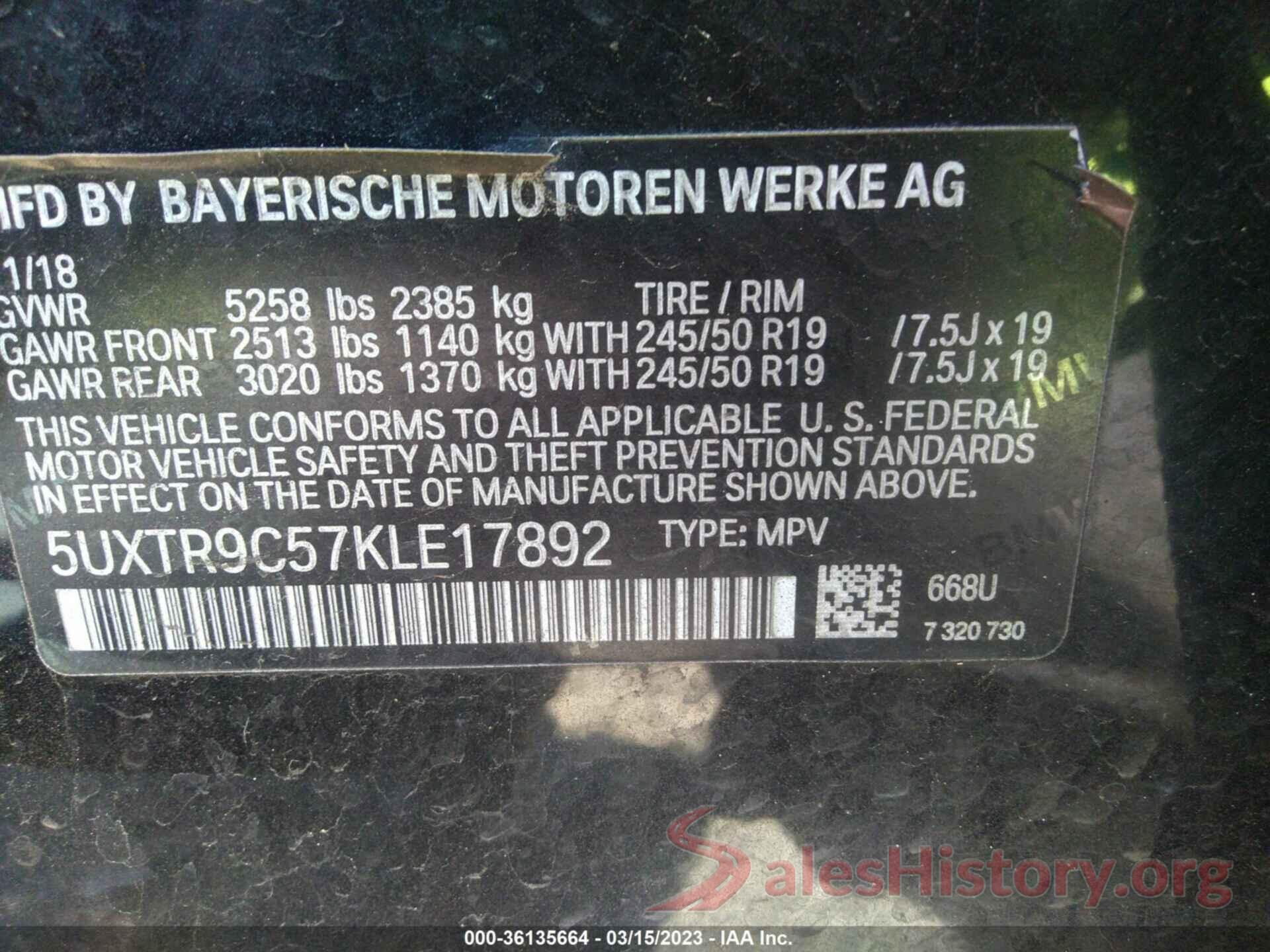 5UXTR9C57KLE17892 2019 BMW X3