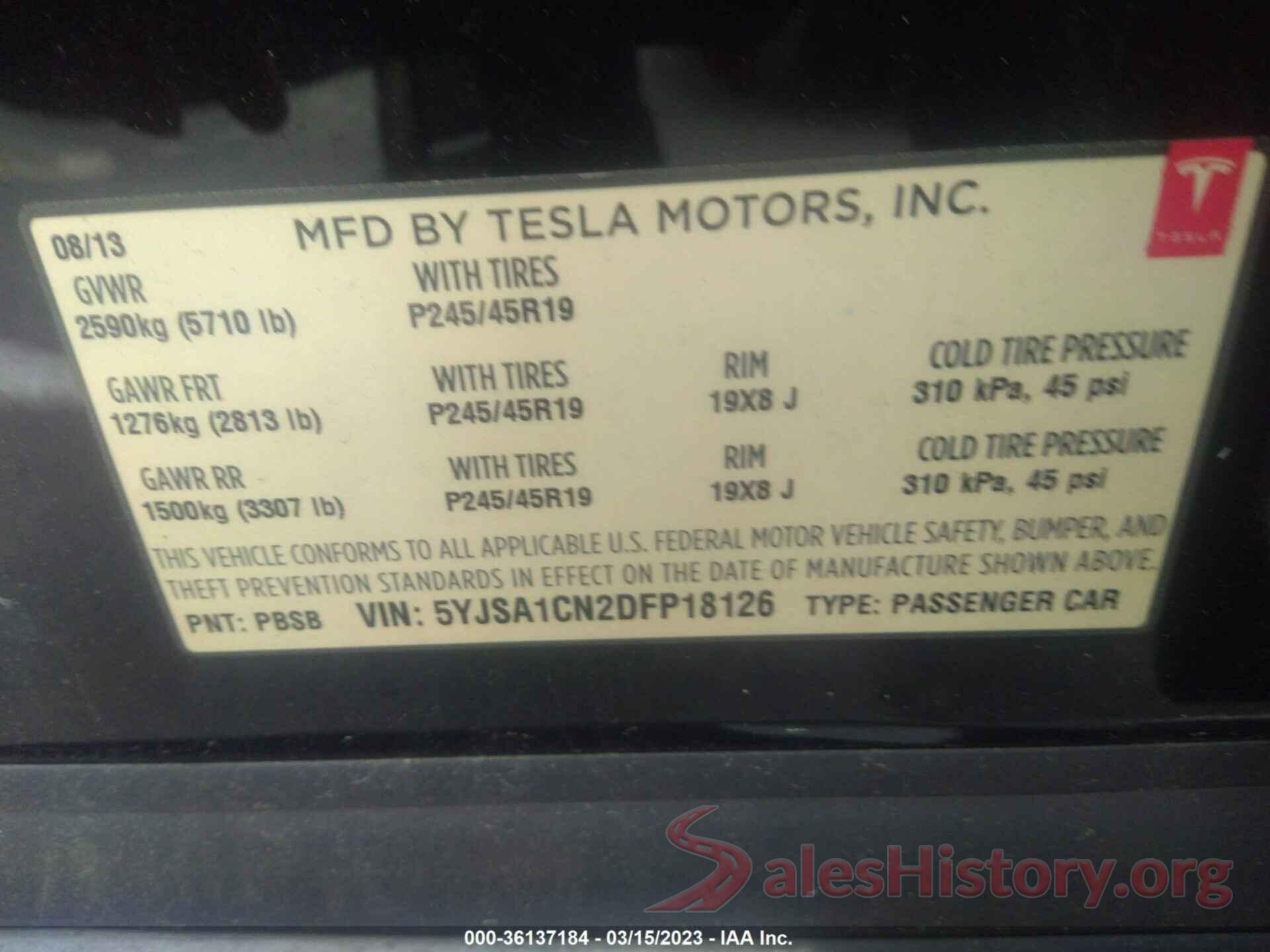 5YJSA1CN2DFP18126 2013 TESLA MODEL S