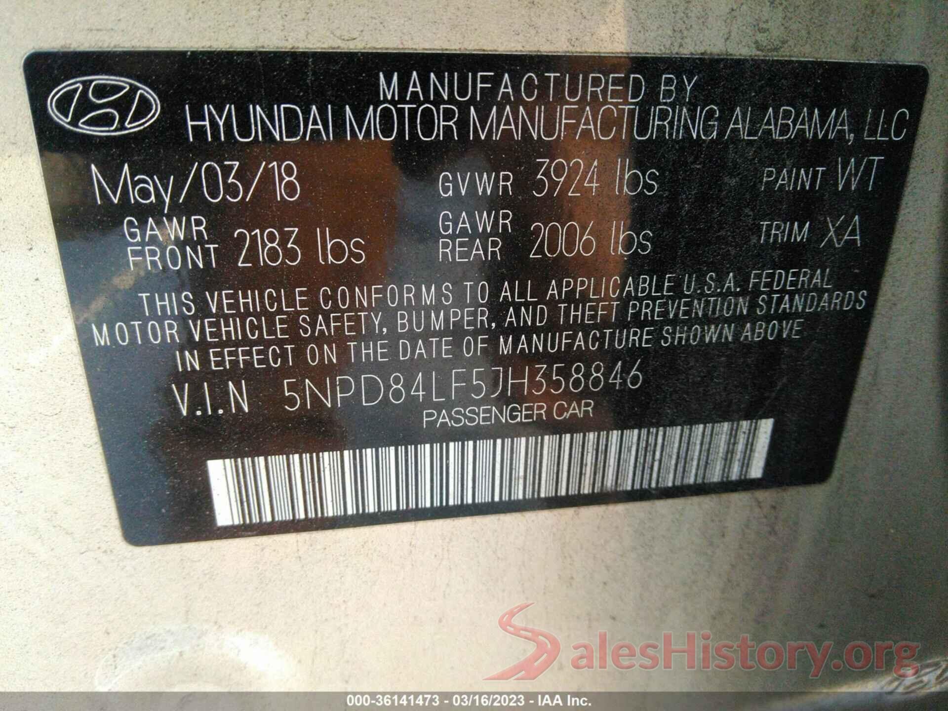 5NPD84LF5JH358846 2018 HYUNDAI ELANTRA