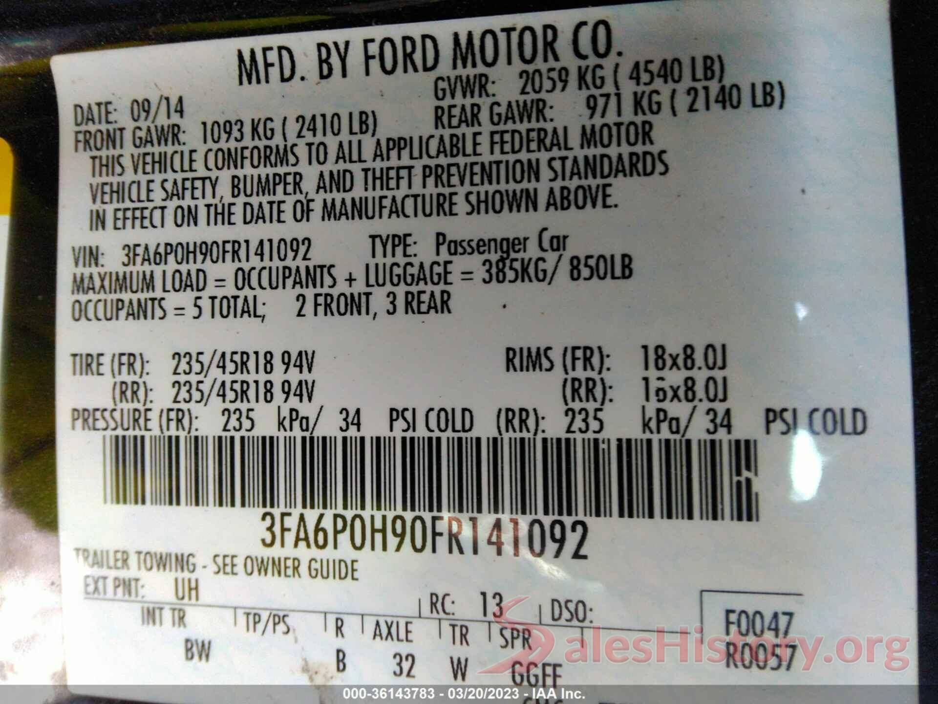 3FA6P0H90FR141092 2015 FORD FUSION