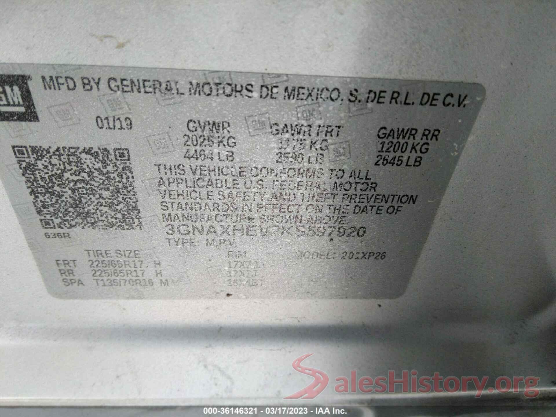 3GNAXHEV2KS597920 2019 CHEVROLET EQUINOX