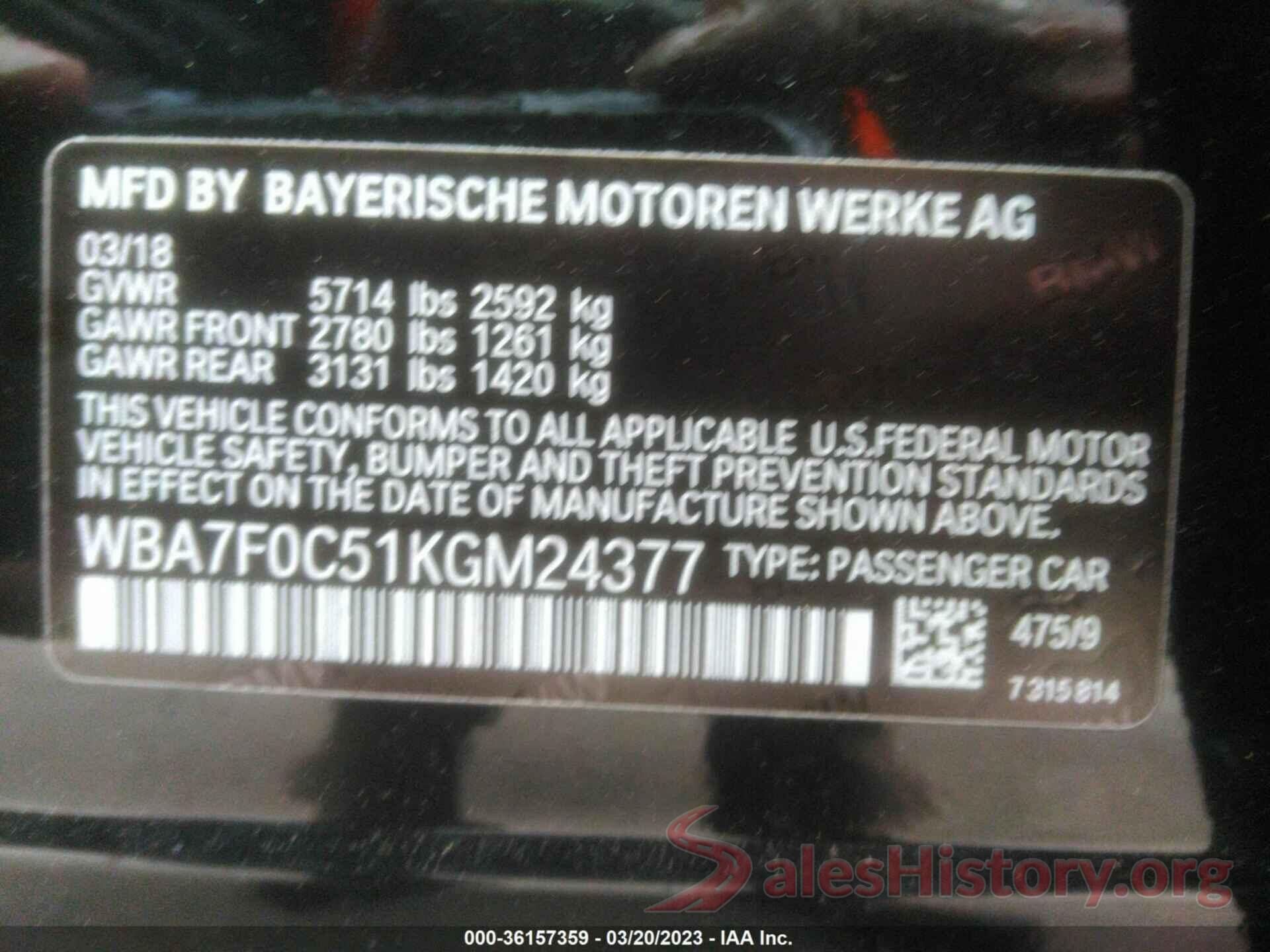 WBA7F0C51KGM24377 2019 BMW 7 SERIES