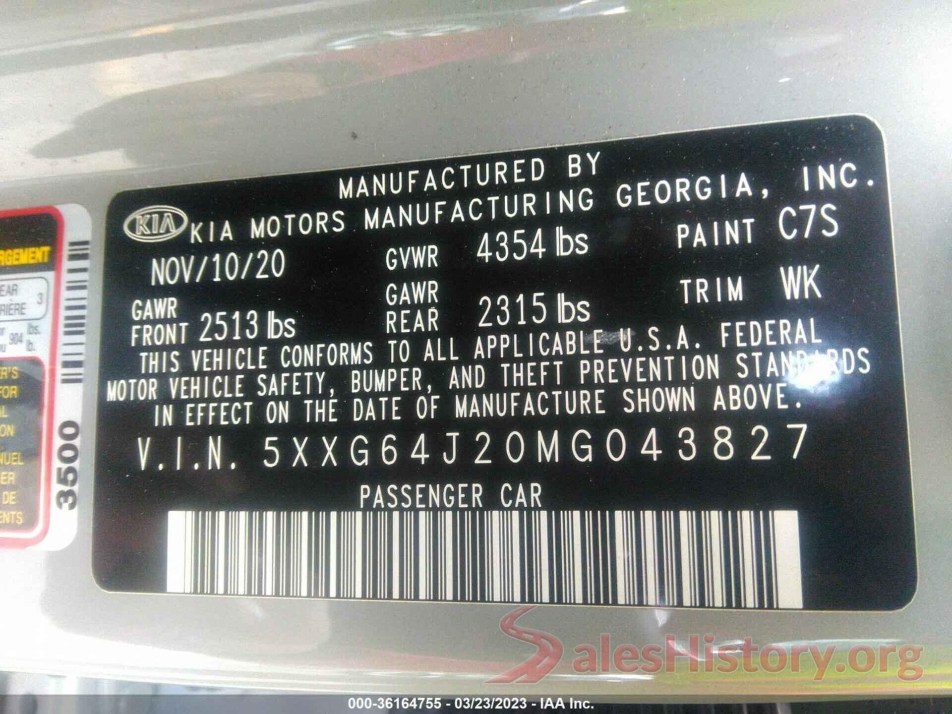 5XXG64J20MG043827 2021 KIA K5