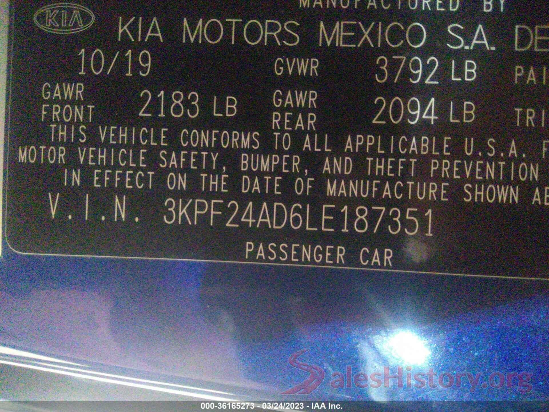 3KPF24AD6LE187351 2020 KIA FORTE