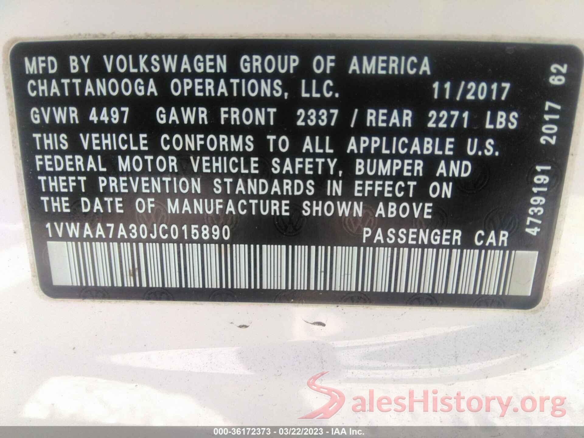 1VWAA7A30JC015890 2018 VOLKSWAGEN PASSAT