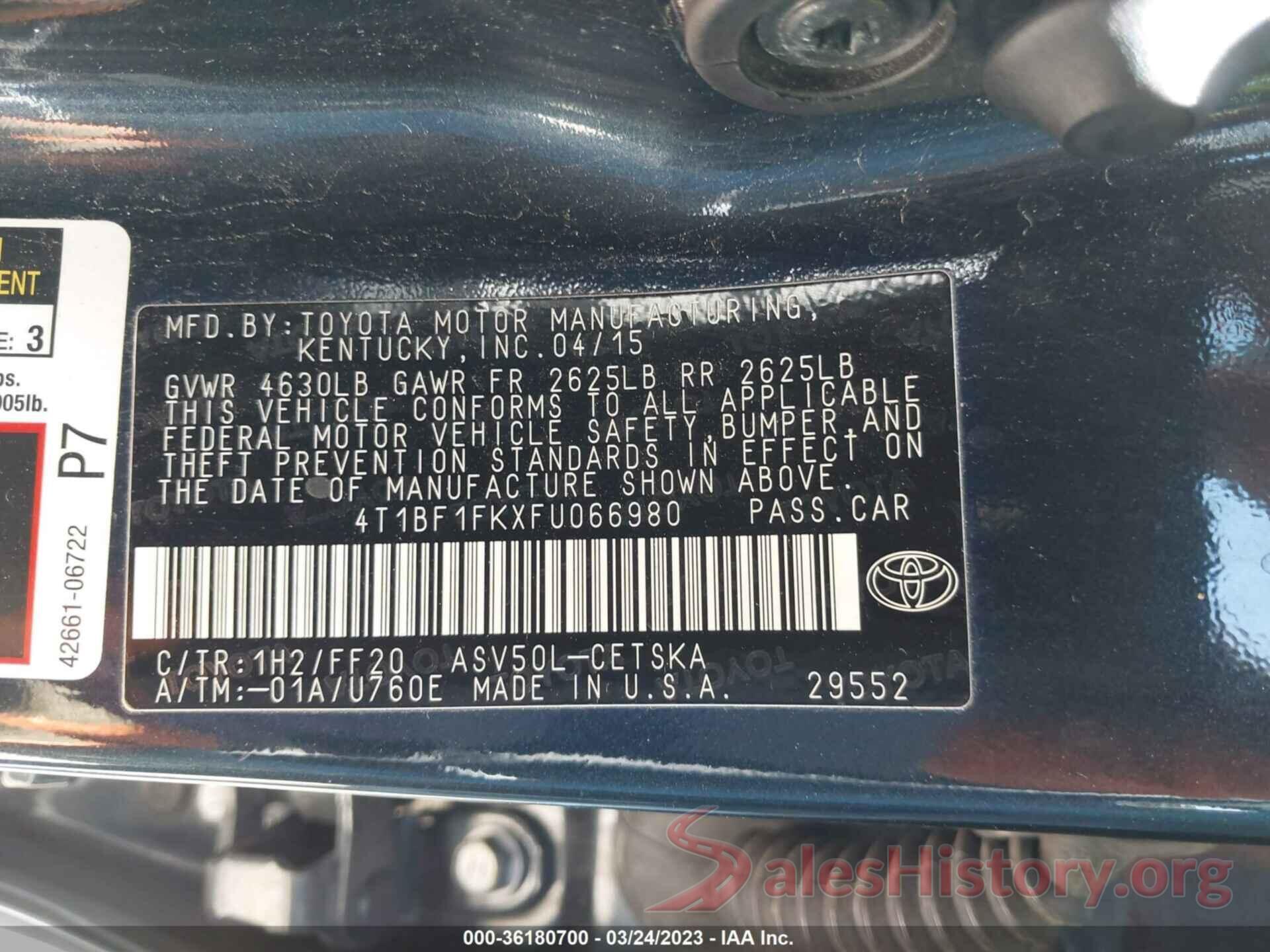 4T1BF1FKXFU066980 2015 TOYOTA CAMRY