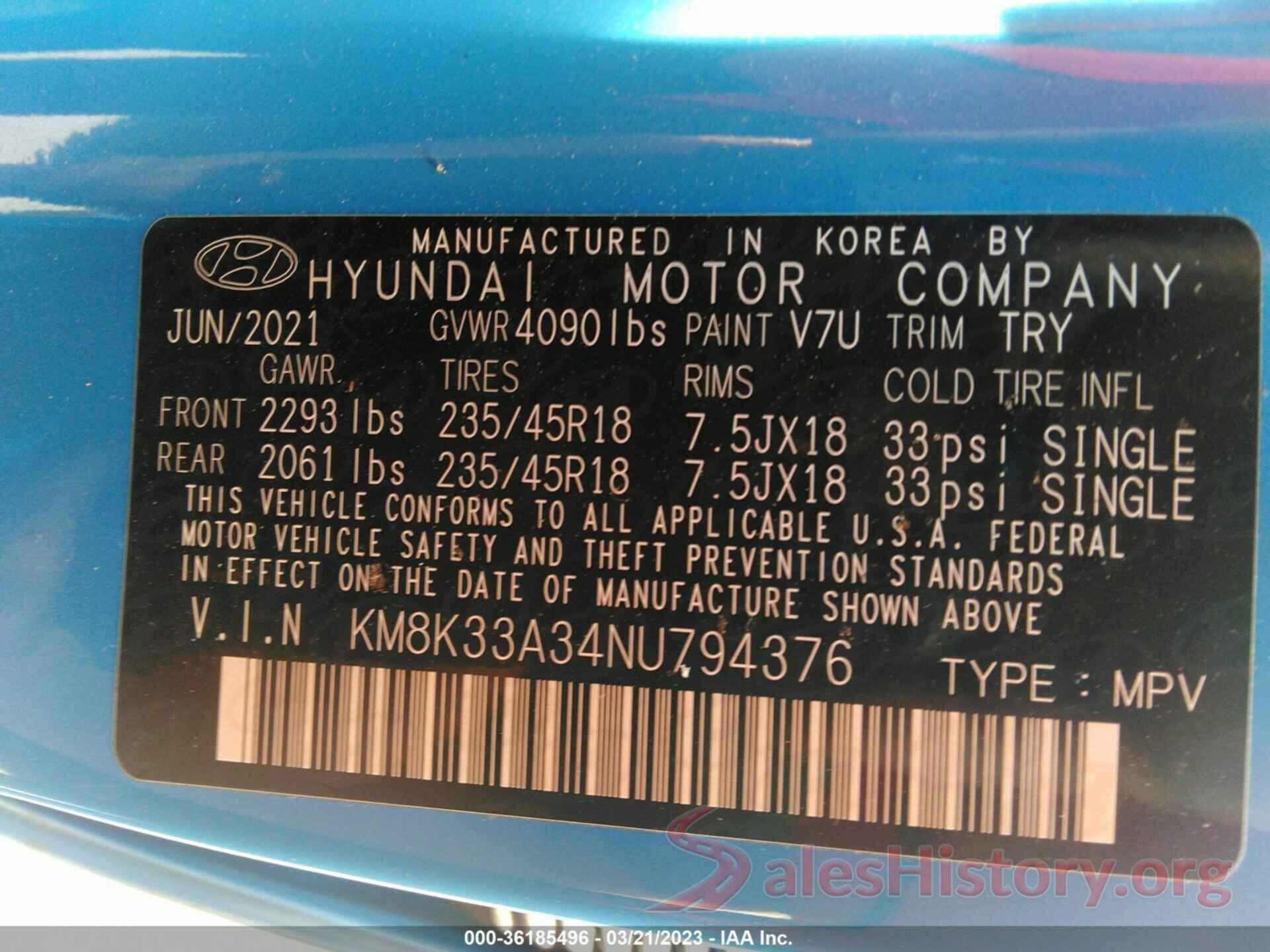 KM8K33A34NU794376 2022 HYUNDAI KONA