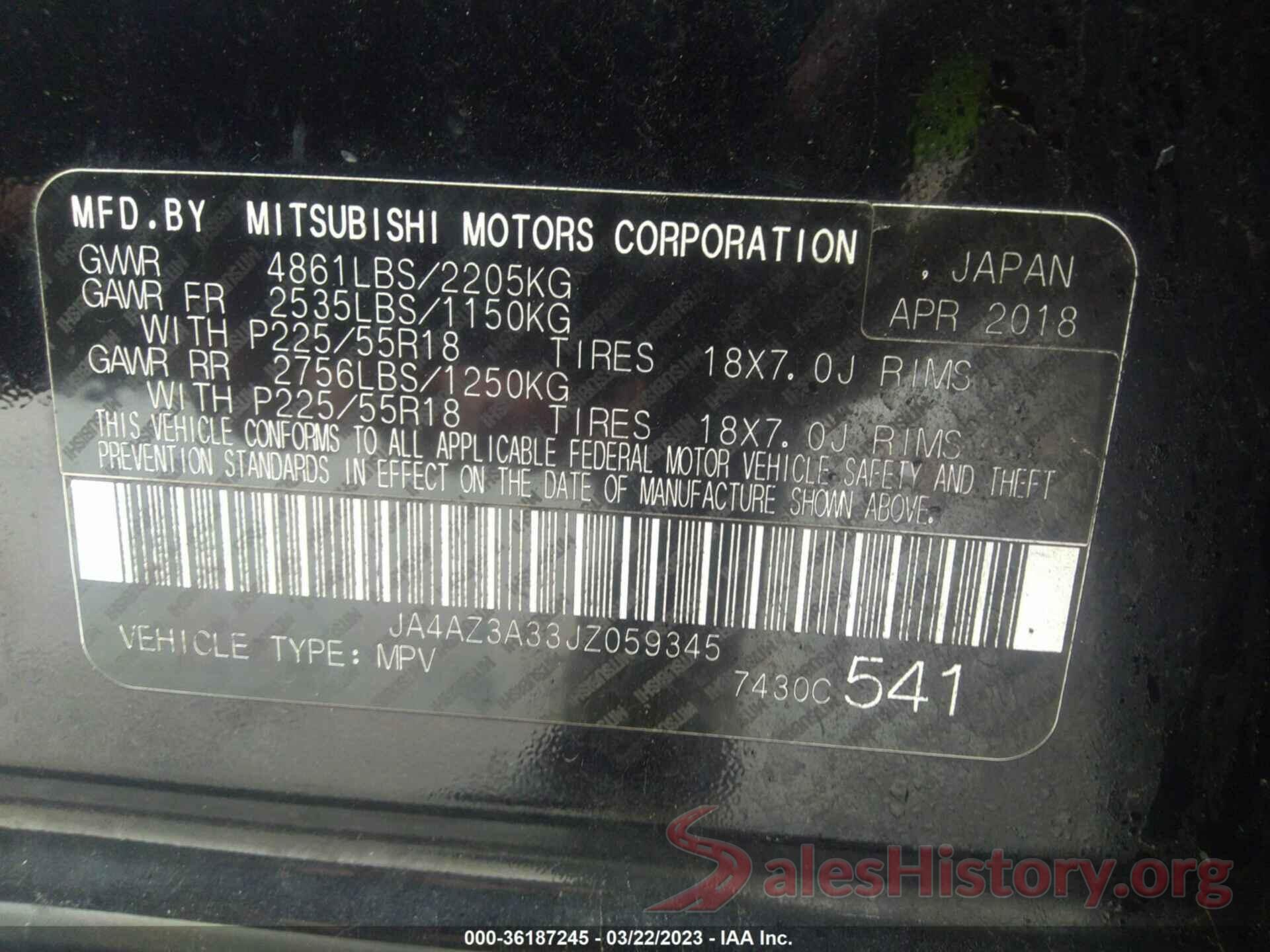 JA4AZ3A33JZ059345 2018 MITSUBISHI OUTLANDER