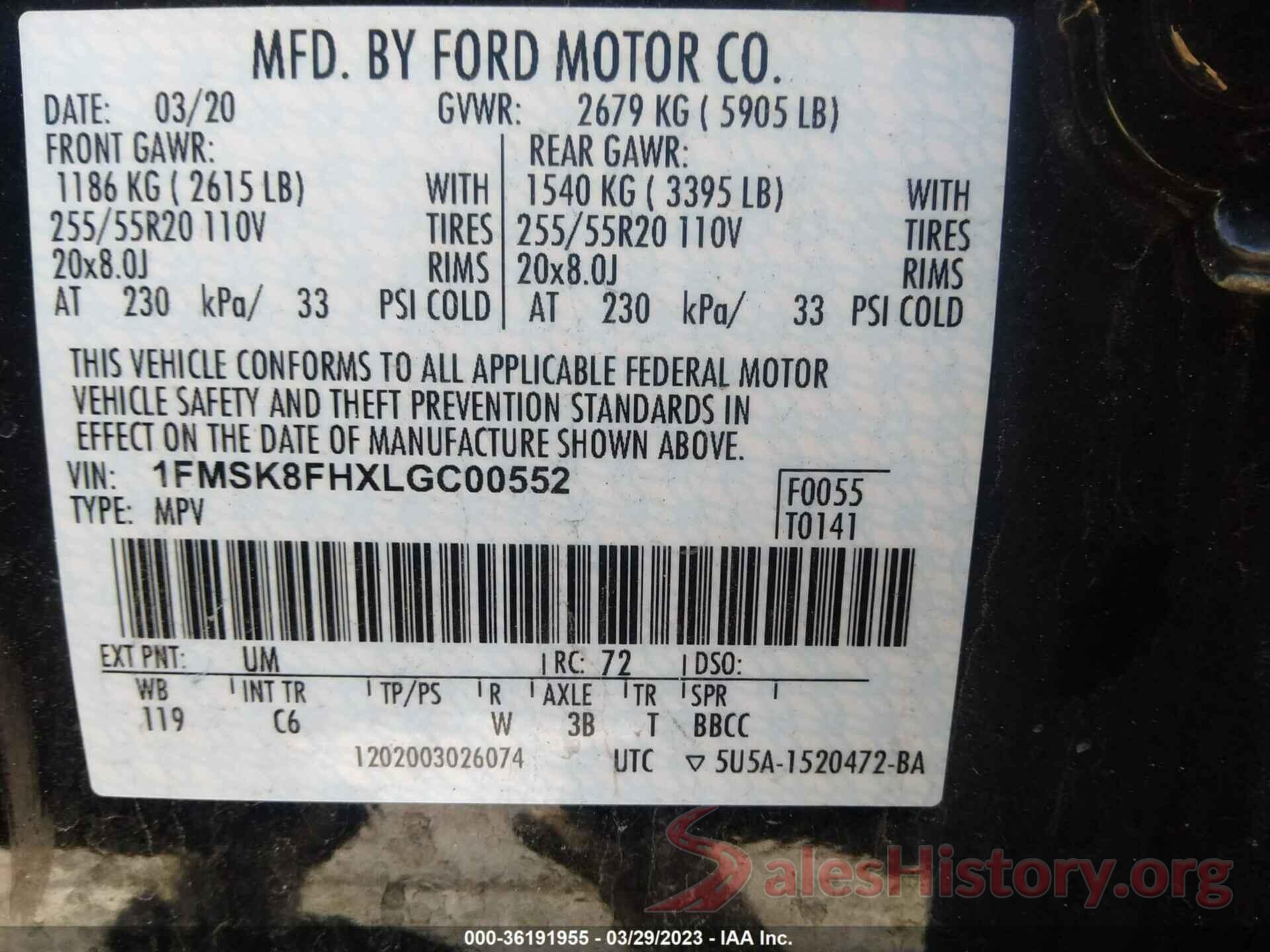 1FMSK8FHXLGC00552 2020 FORD EXPLORER