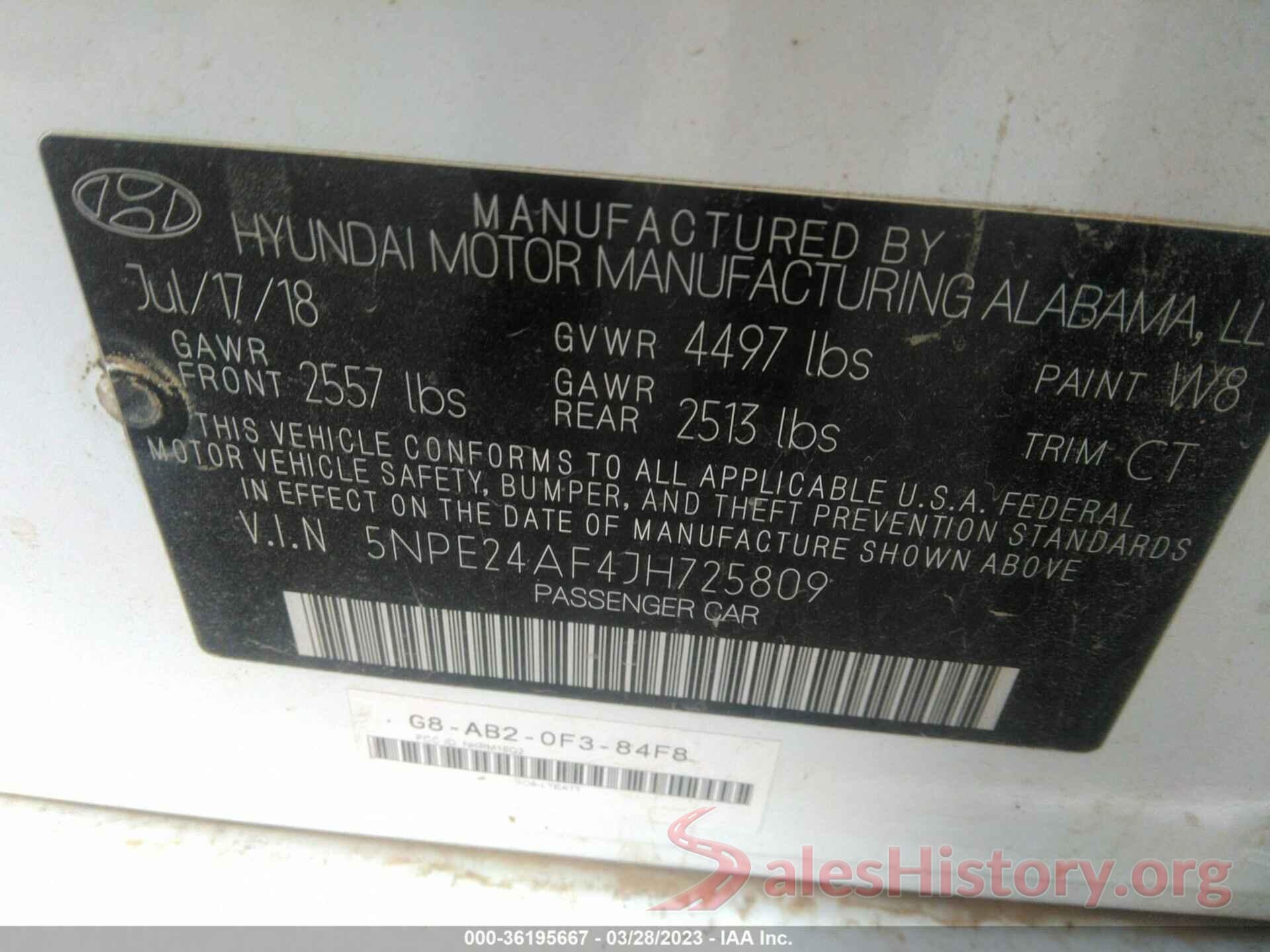 5NPE24AF4JH725809 2018 HYUNDAI SONATA