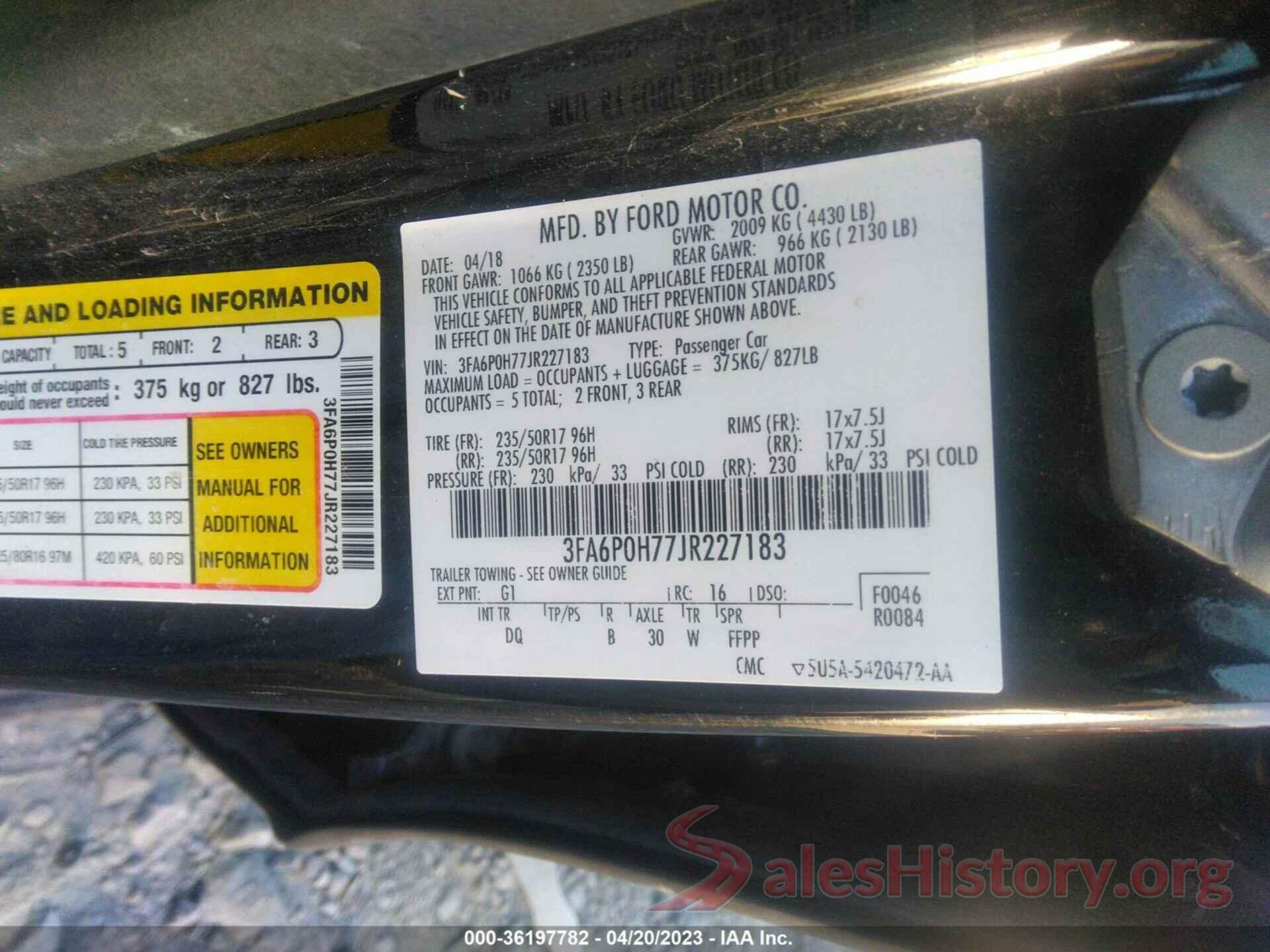 3FA6P0H77JR227183 2018 FORD FUSION