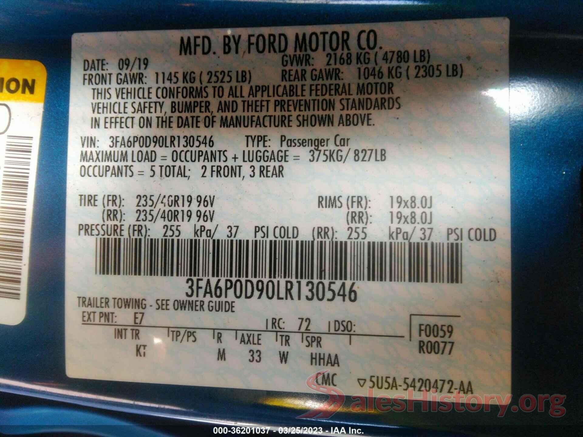 3FA6P0D90LR130546 2020 FORD FUSION