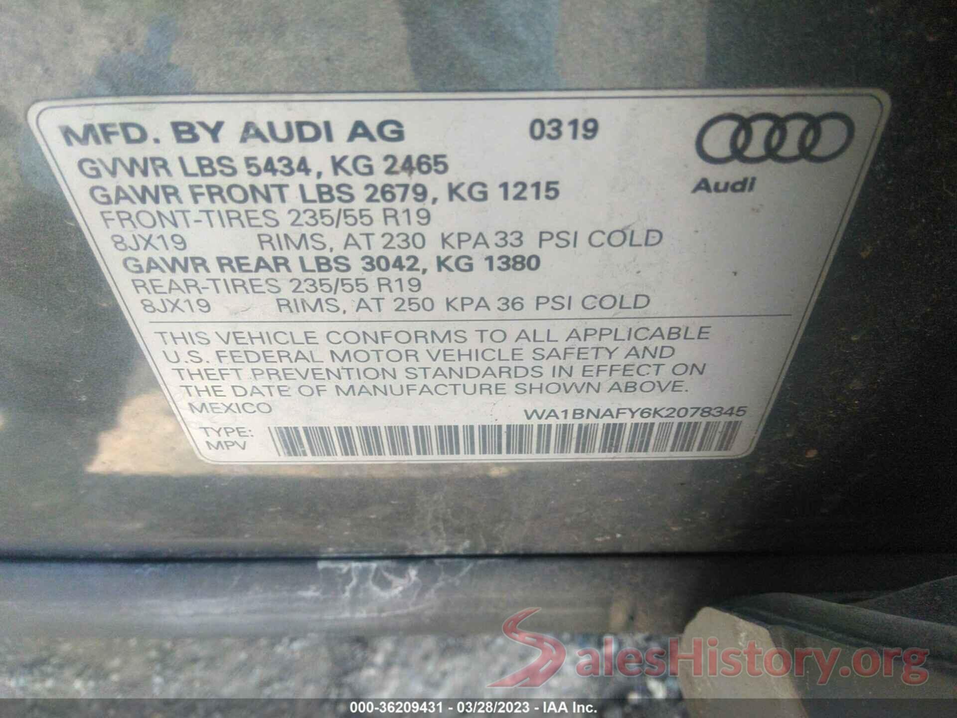 WA1BNAFY6K2078345 2019 AUDI Q5