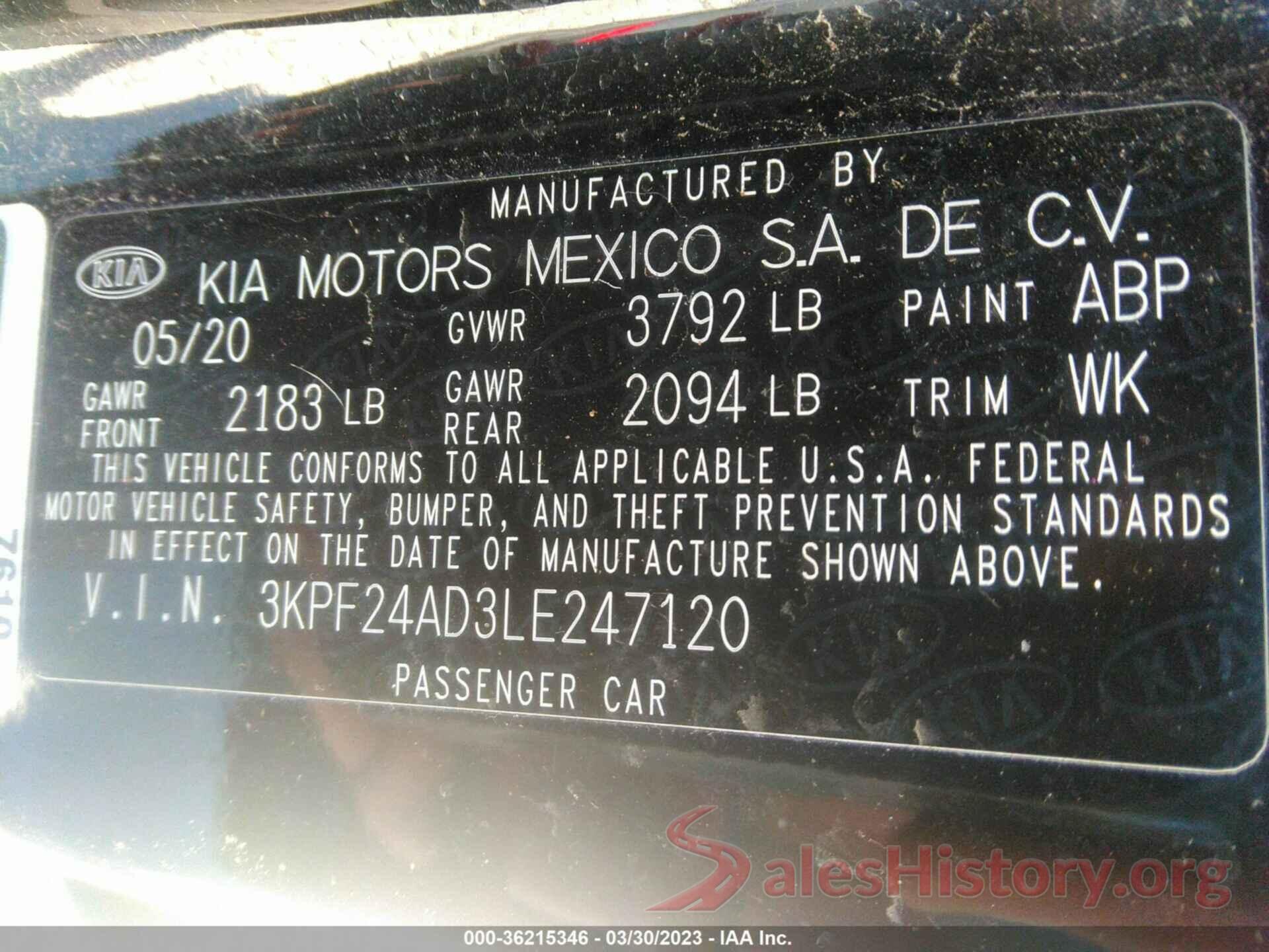 3KPF24AD3LE247120 2020 KIA FORTE