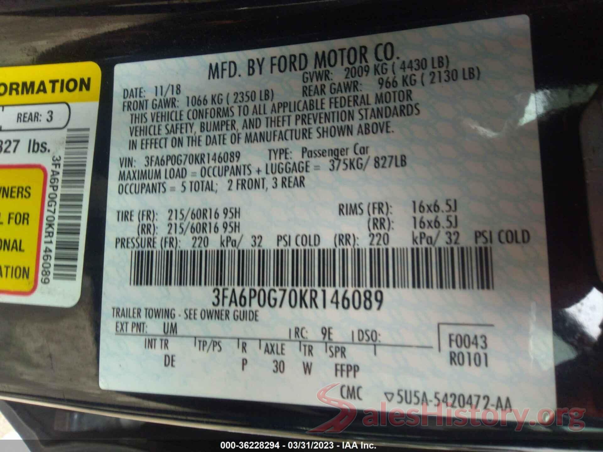 3FA6P0G70KR146089 2019 FORD FUSION