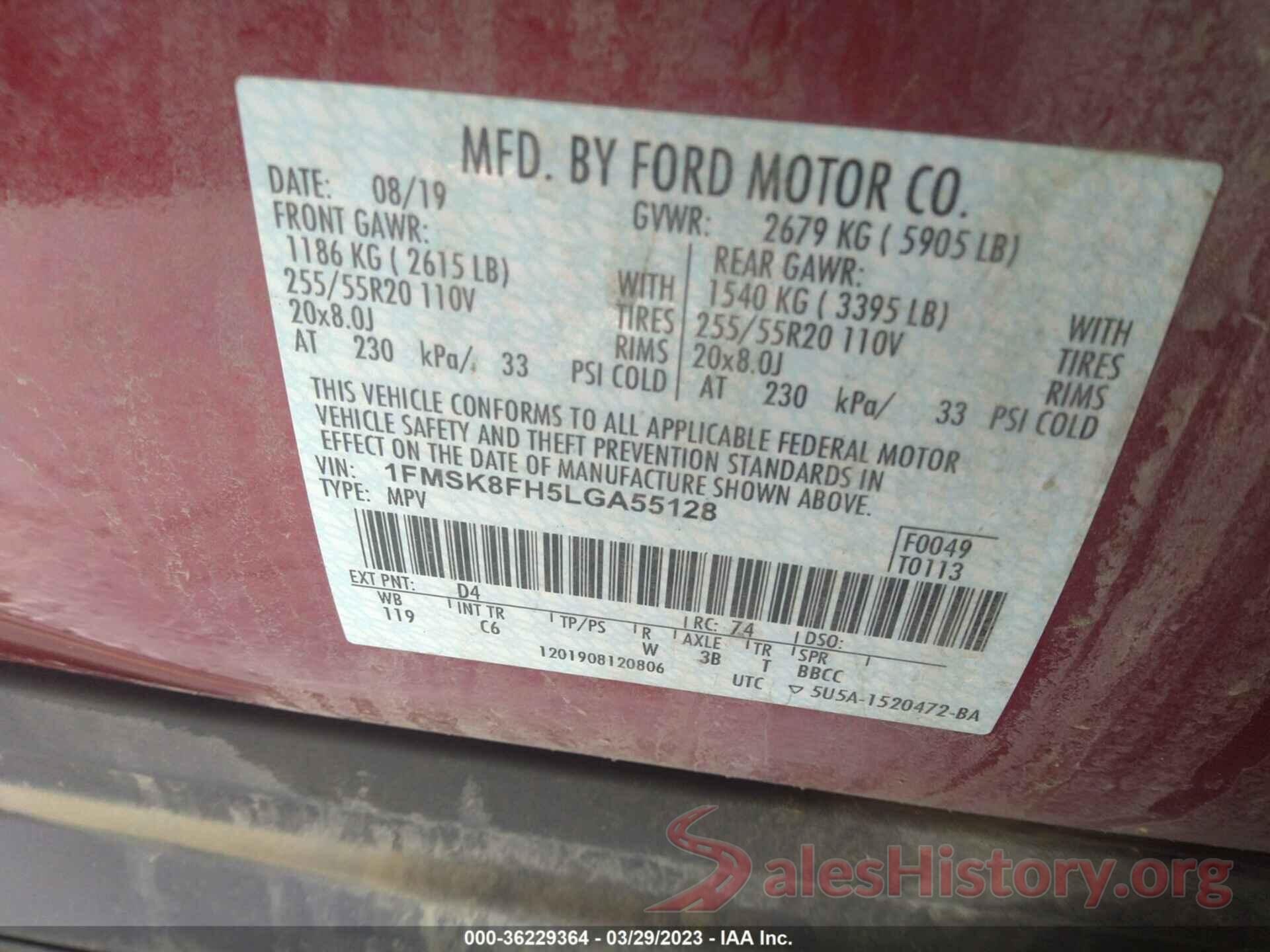 1FMSK8FH5LGA55128 2020 FORD EXPLORER