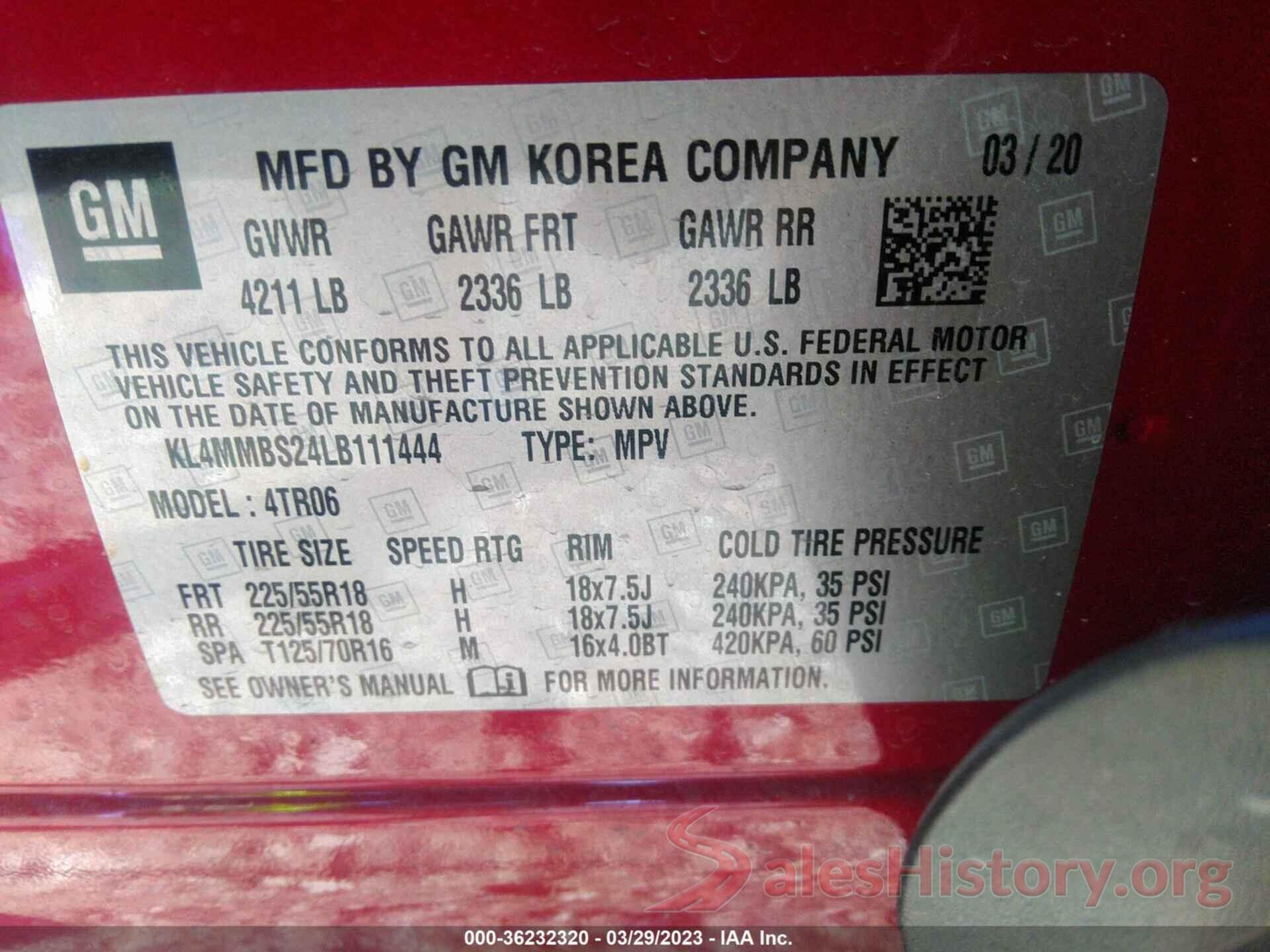 KL4MMBS24LB111444 2020 BUICK ENCORE GX