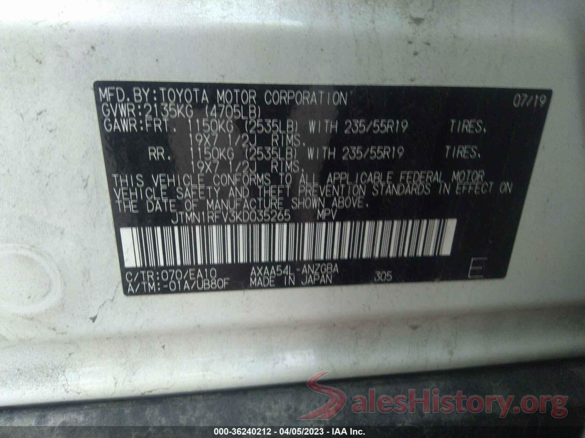 JTMN1RFV3KD035265 2019 TOYOTA RAV4