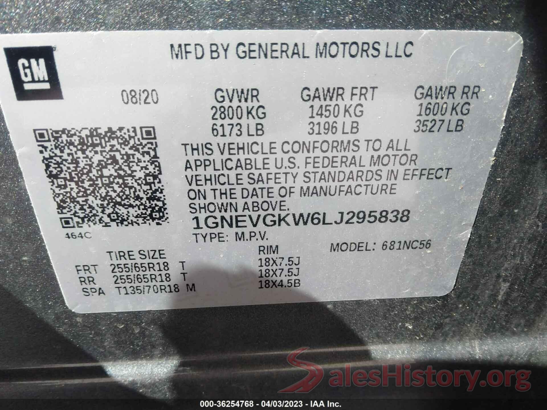 1GNEVGKW6LJ295838 2020 CHEVROLET TRAVERSE