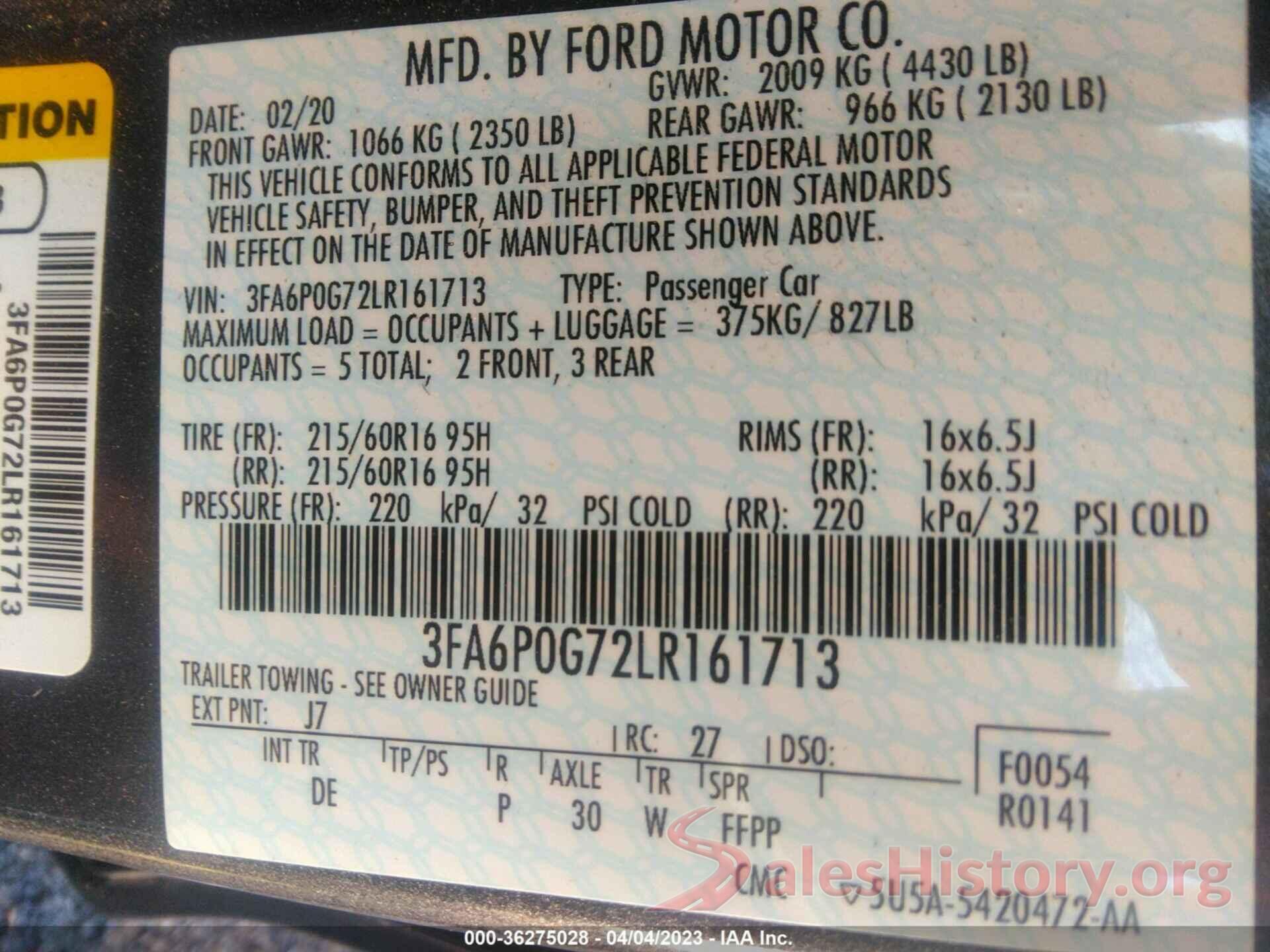 3FA6P0G72LR161713 2020 FORD FUSION