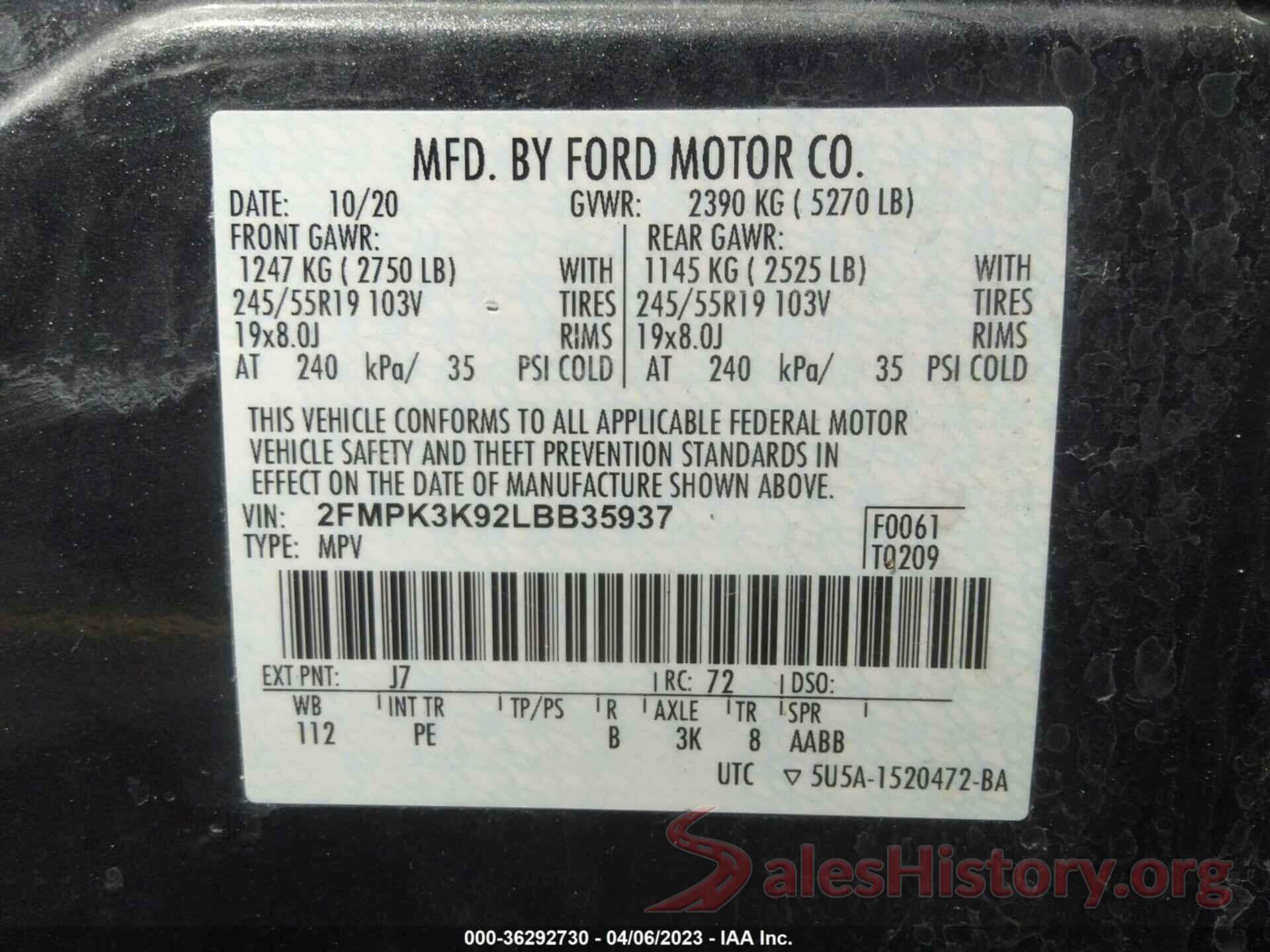 2FMPK3K92LBB35937 2020 FORD EDGE