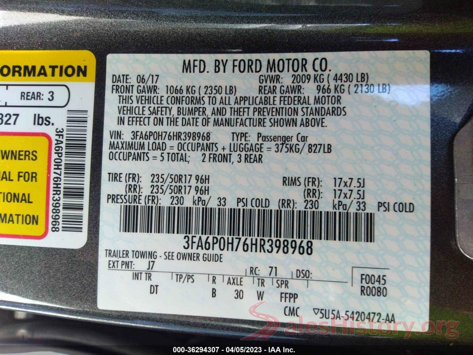 3FA6P0H76HR398968 2017 FORD FUSION