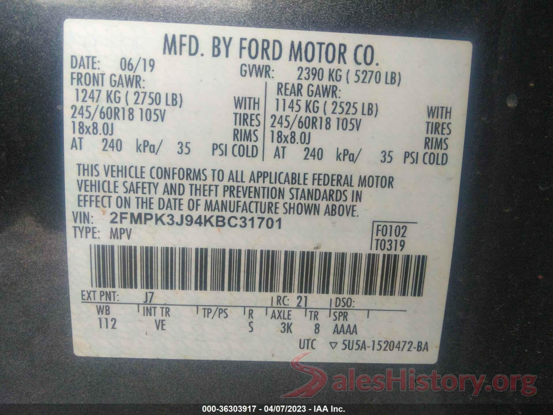 2FMPK3J94KBC31701 2019 FORD EDGE