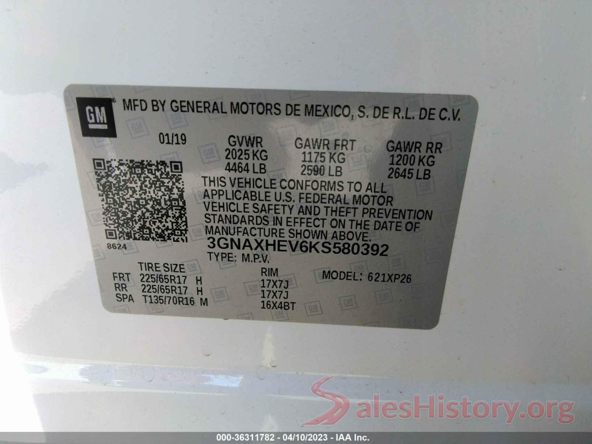 3GNAXHEV6KS580392 2019 CHEVROLET EQUINOX