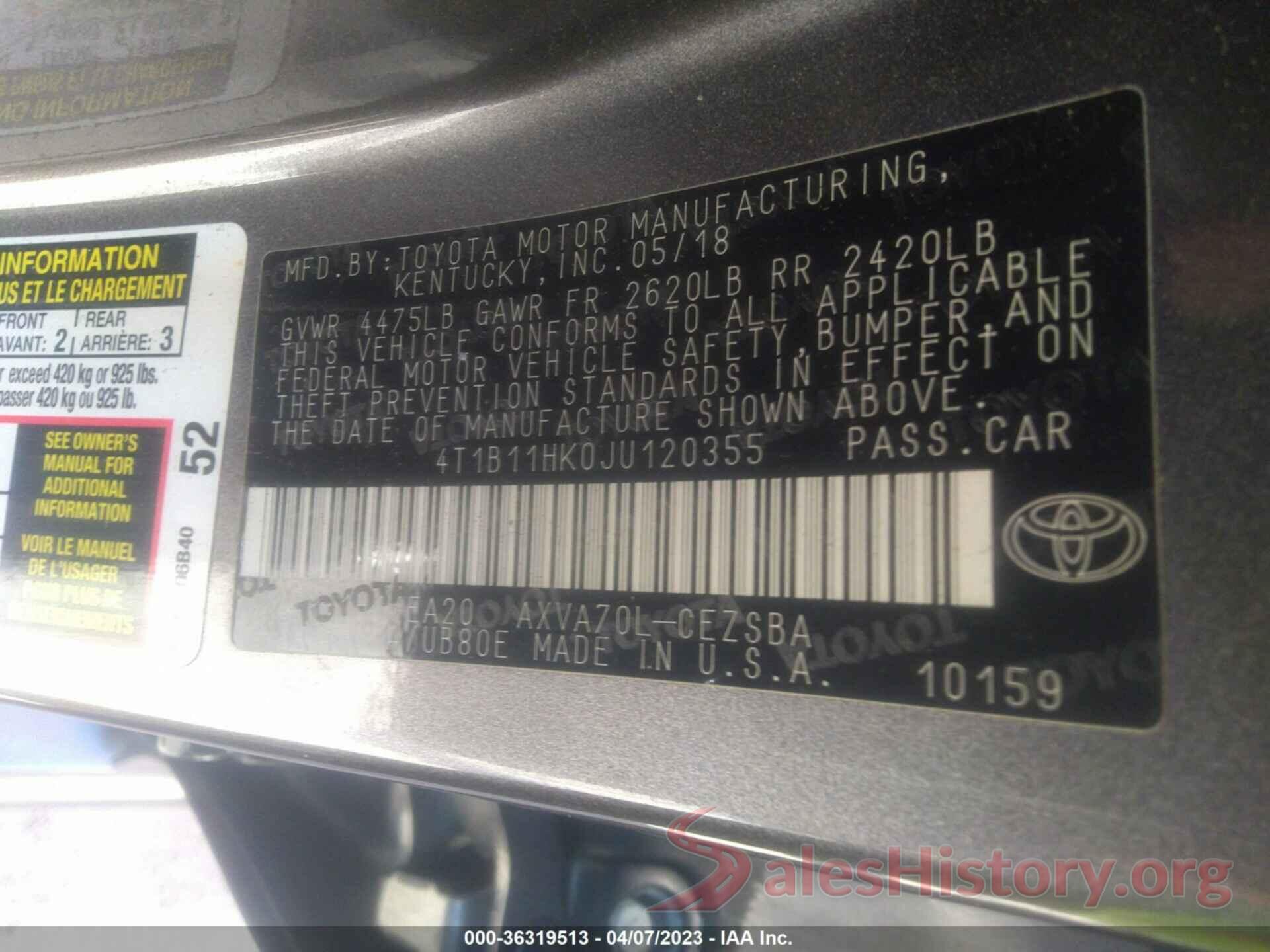 4T1B11HK0JU120355 2018 TOYOTA CAMRY