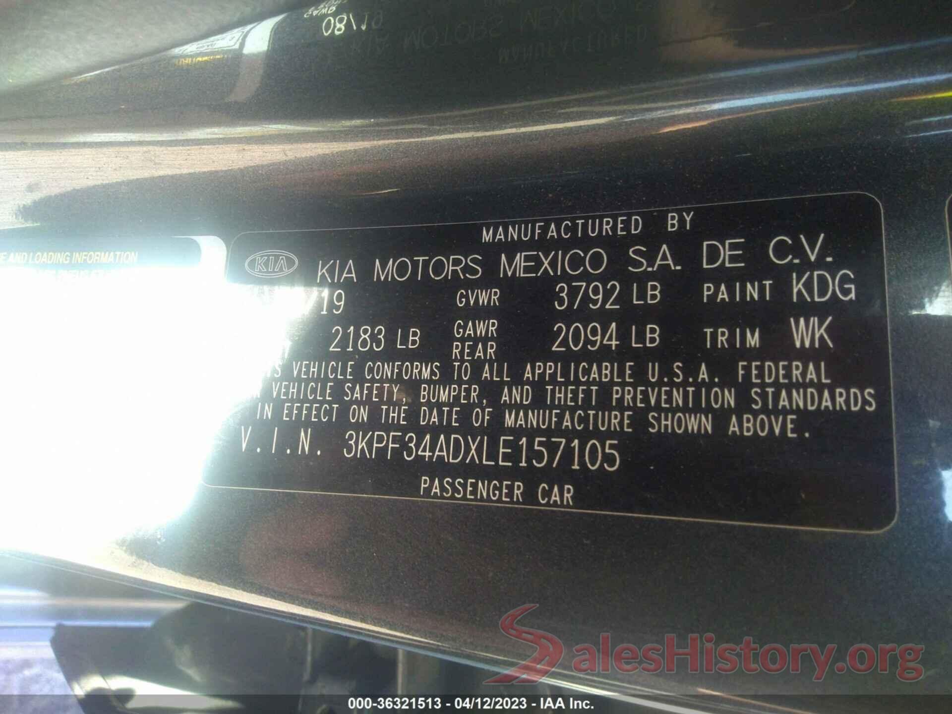 3KPF34ADXLE157105 2020 KIA FORTE