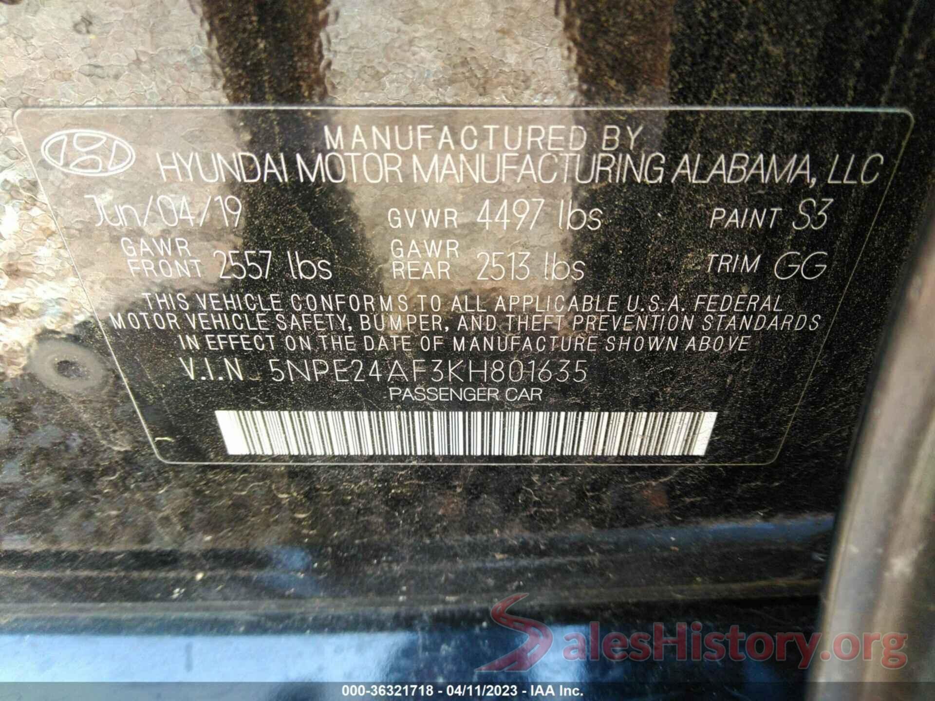 5NPE24AF3KH801635 2019 HYUNDAI SONATA